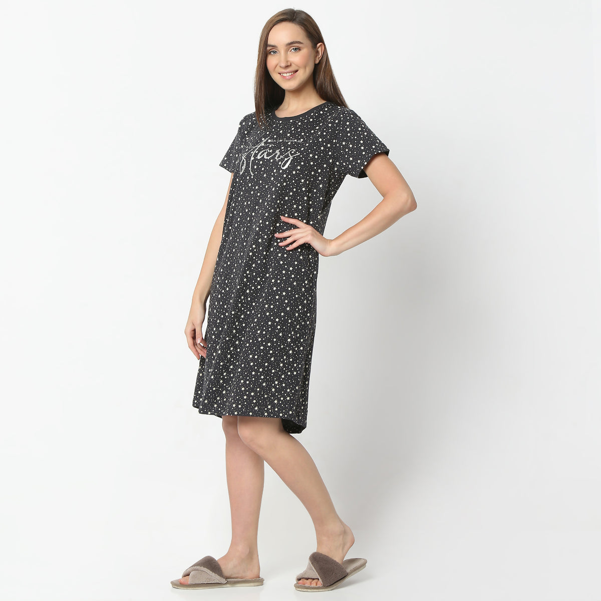 Regular Fit Floral Round Neck Knee Length Gown