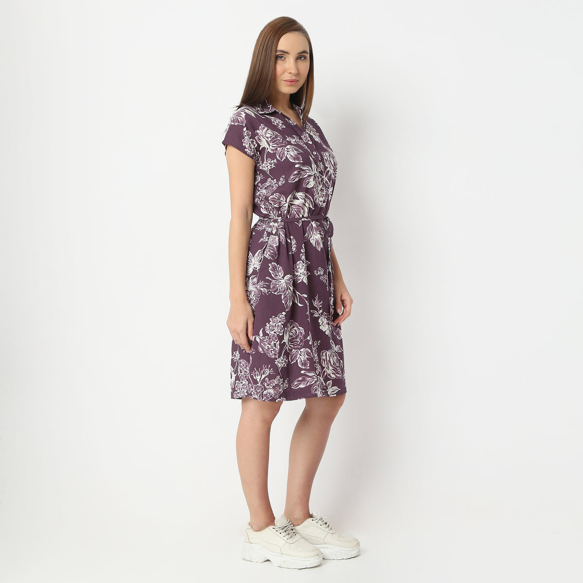 Regular Fit Floral Shirt Collar Short Length Gown