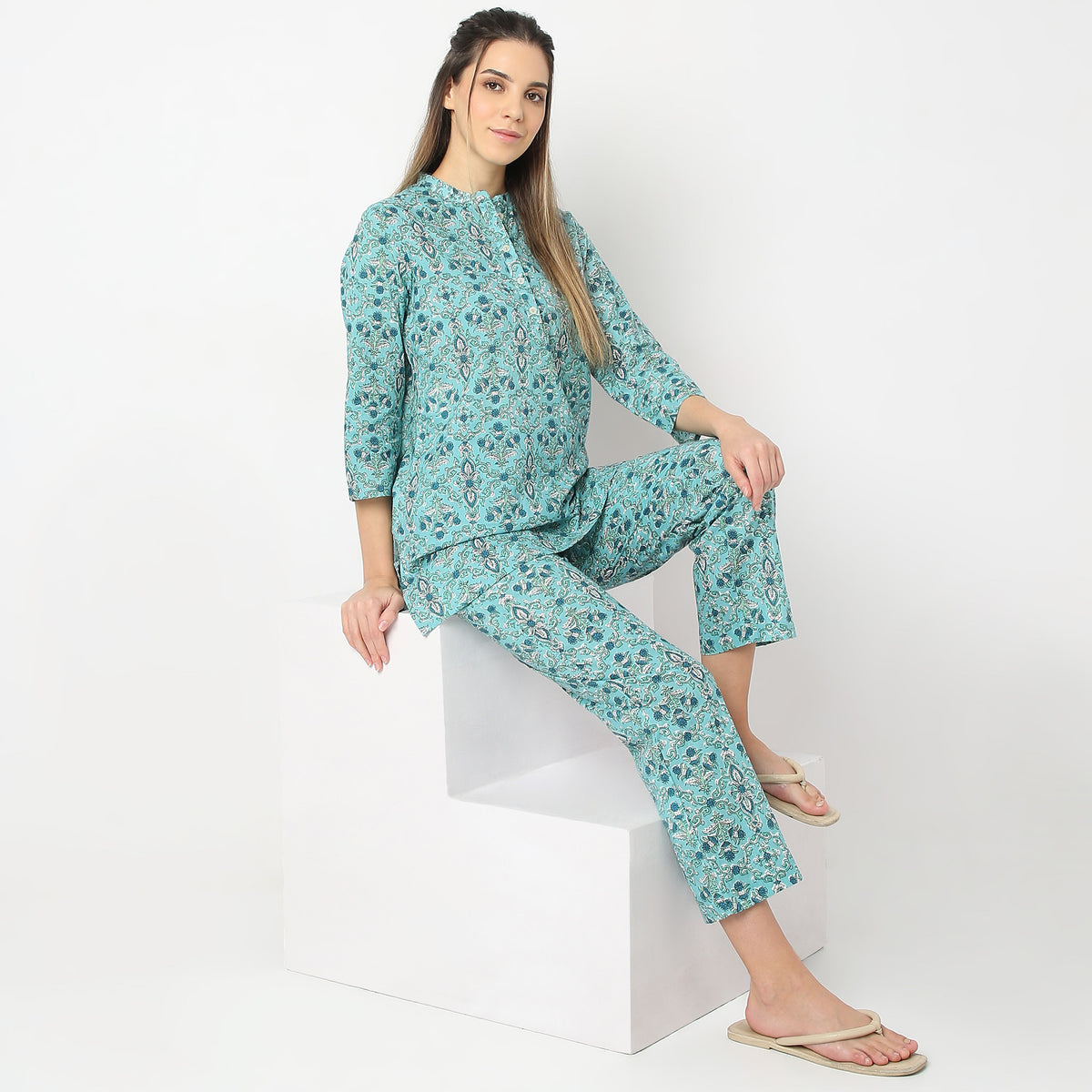 Regular Fit Printed Shirt with Pyjama Set