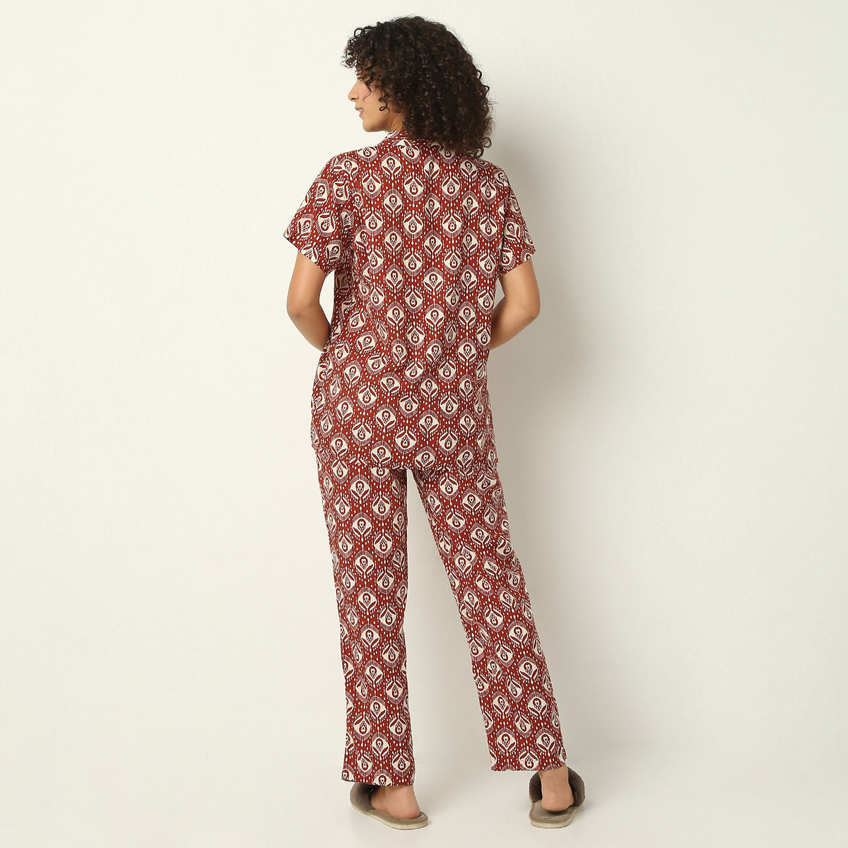 Regular Fit Printed Lapel Collar Shirt with Pyjama Set