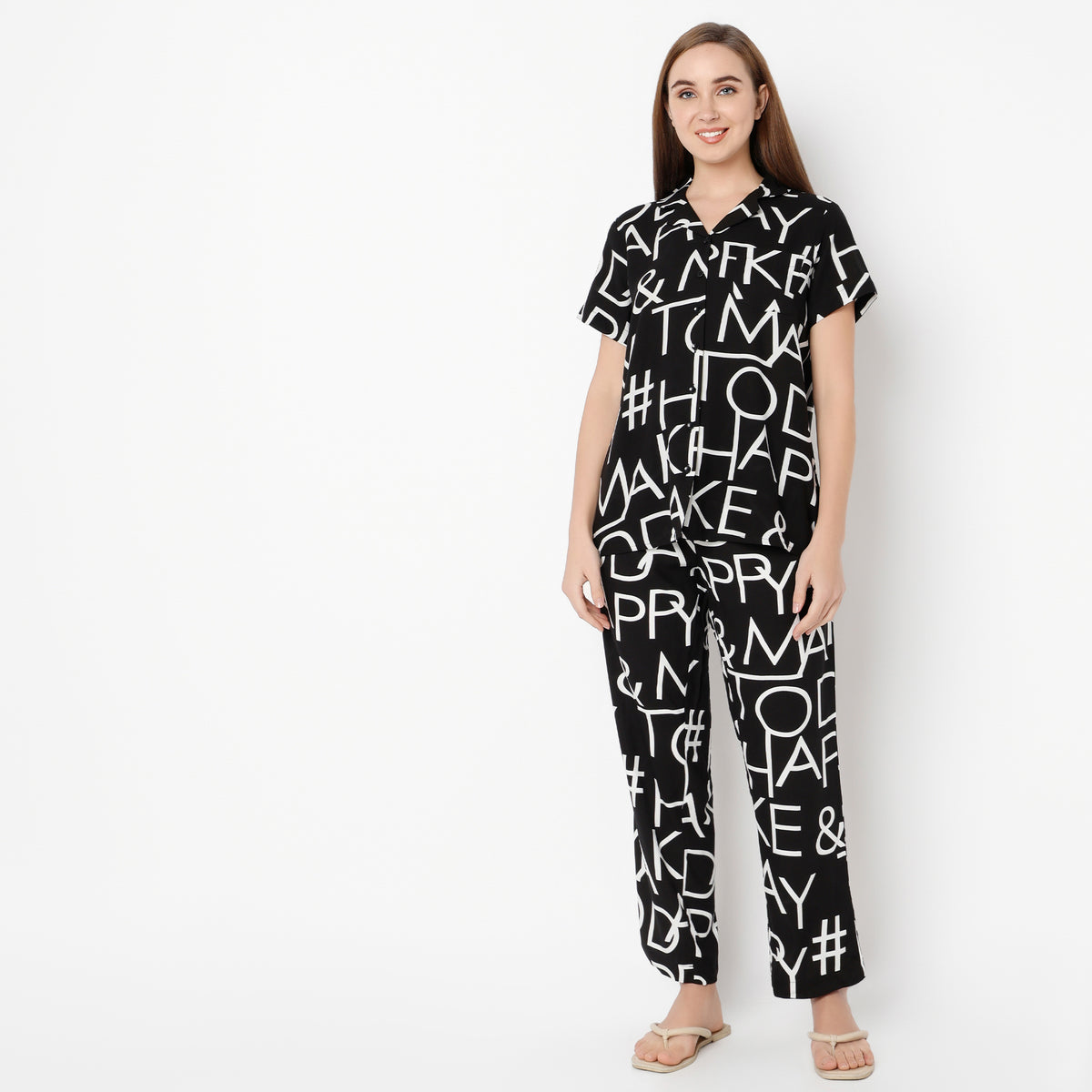 Regular Fit Printed Lapel Collar Shirt with Pyjama Set