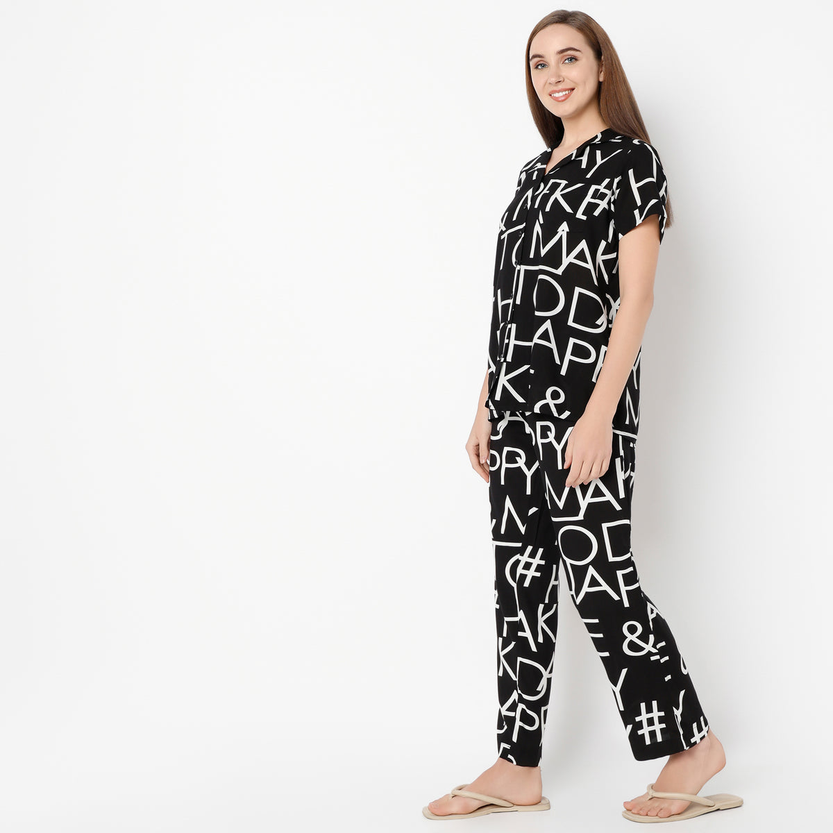 Regular Fit Printed Lapel Collar Shirt with Pyjama Set