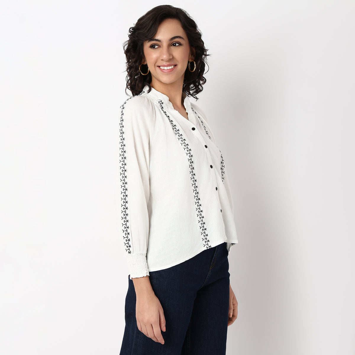Woven Embroidered V-Neck Full Sleeve Top