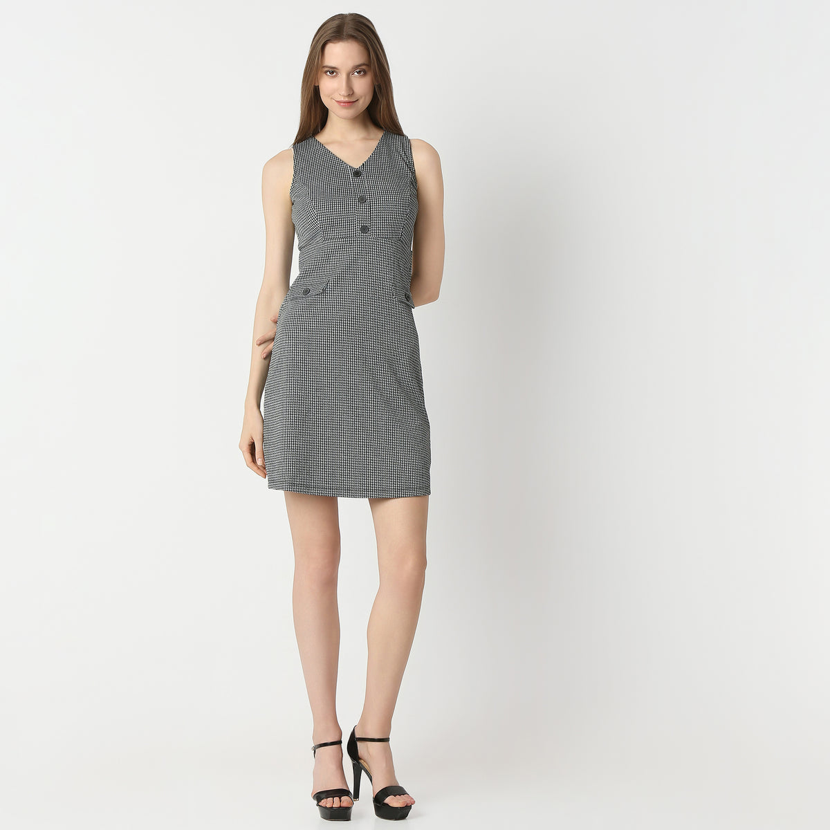 Regular Fit Houndstooth Above Knee Dress
