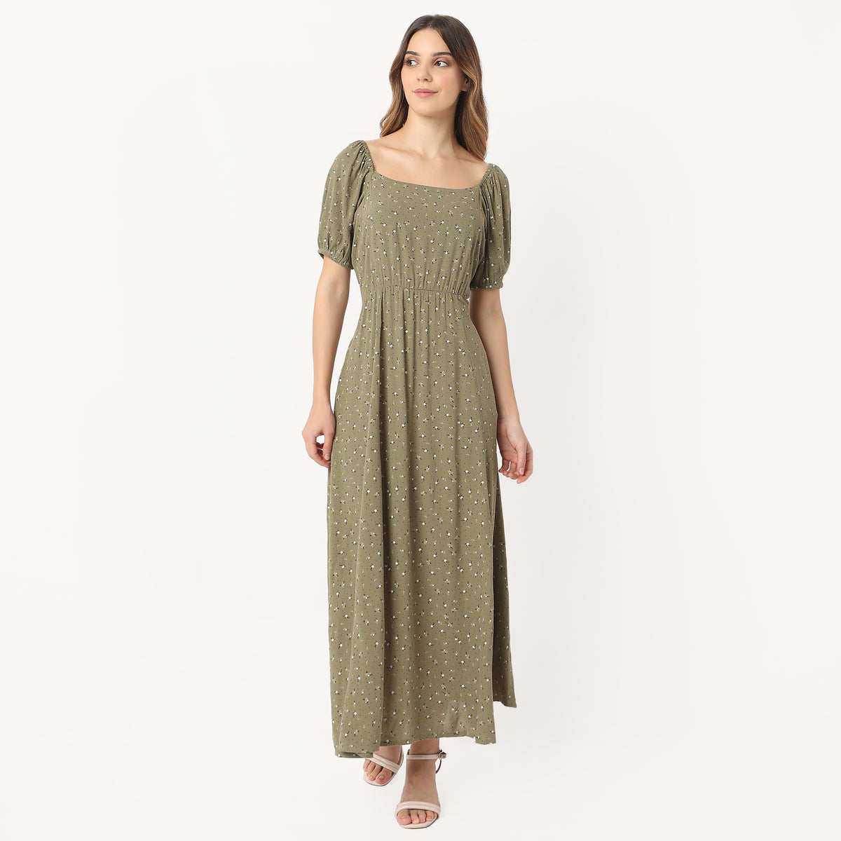 Flare Fit Printed Ankle Length Square Neck Betty Long Dress