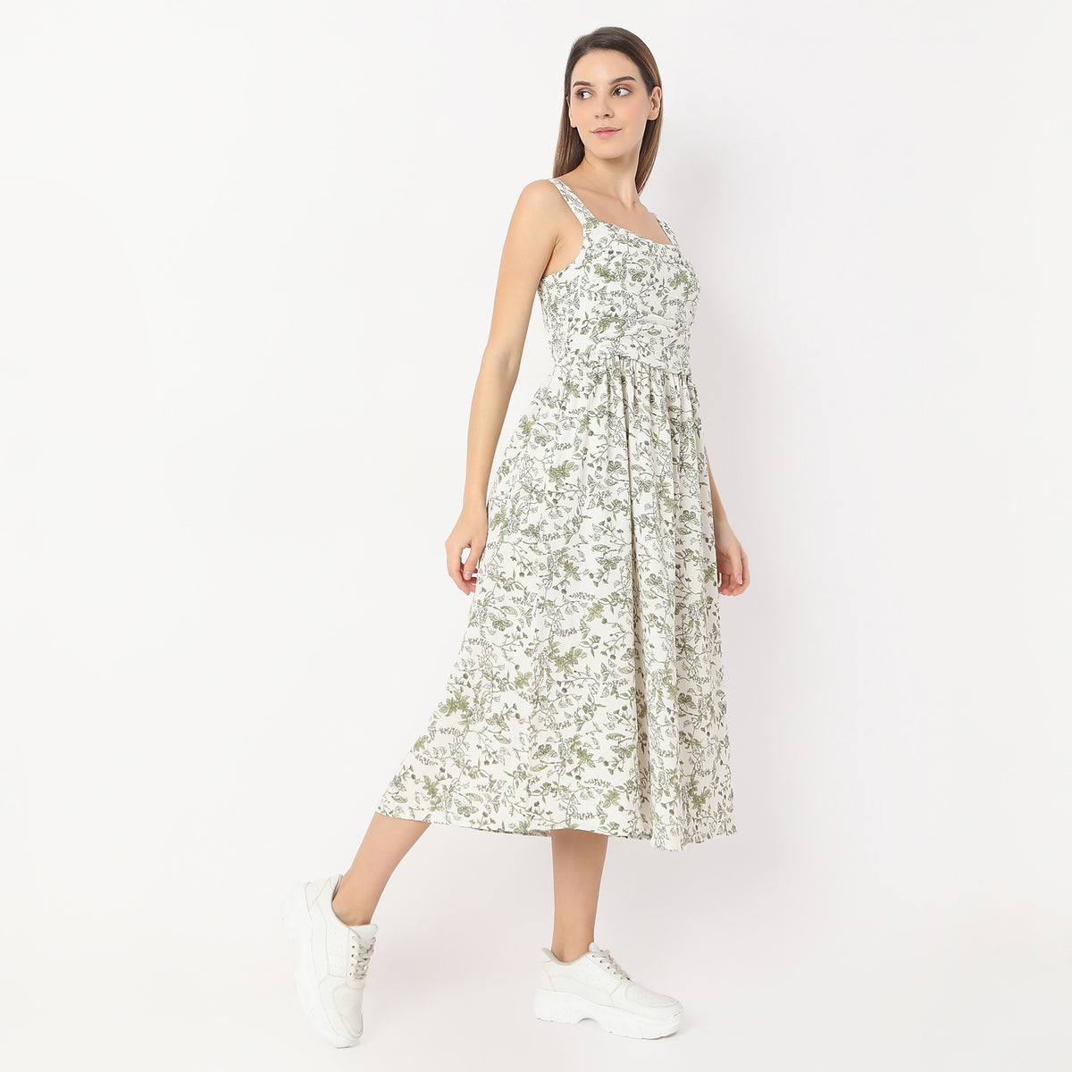 Flare Fit Printed Calf Length Square Neck Betty Sleeveless Dress