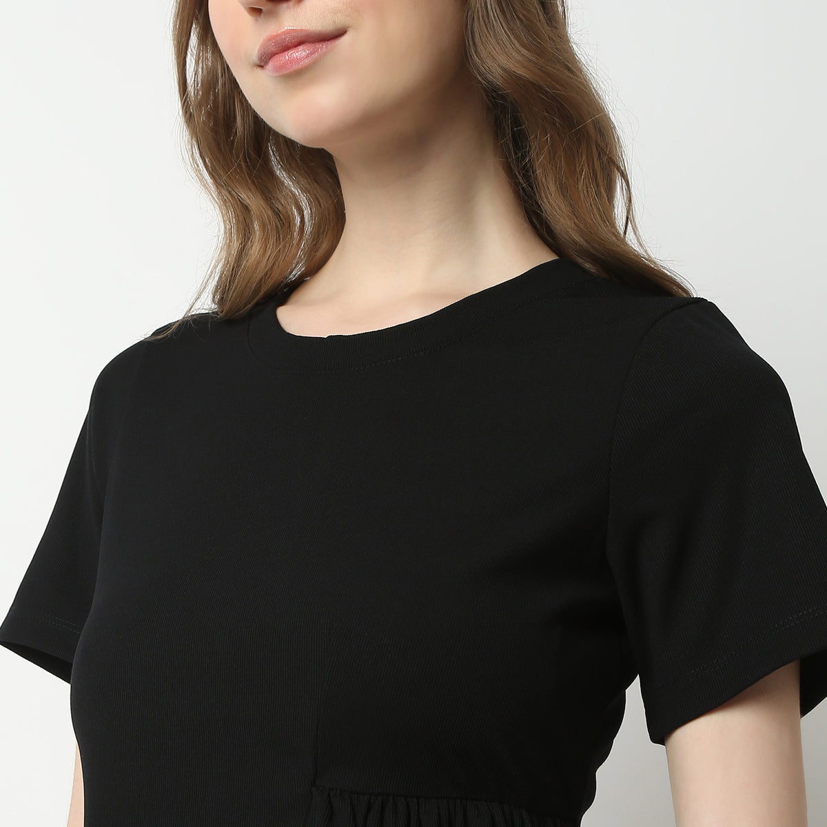 Flare Fit Solid Round Neck Dress