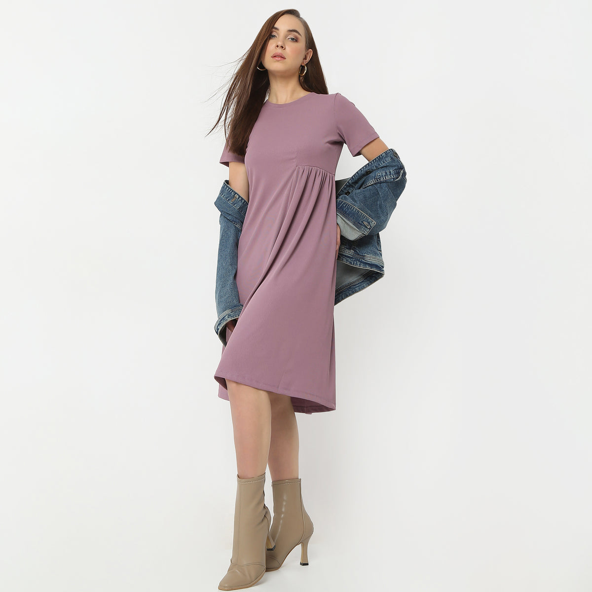 Flare Fit Solid Round Neck Dress