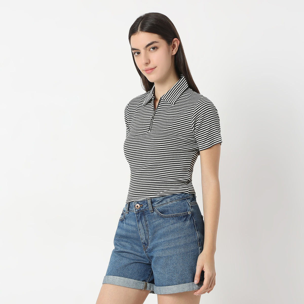 Striped Polo T-Shirt With Mock Neck Zipper