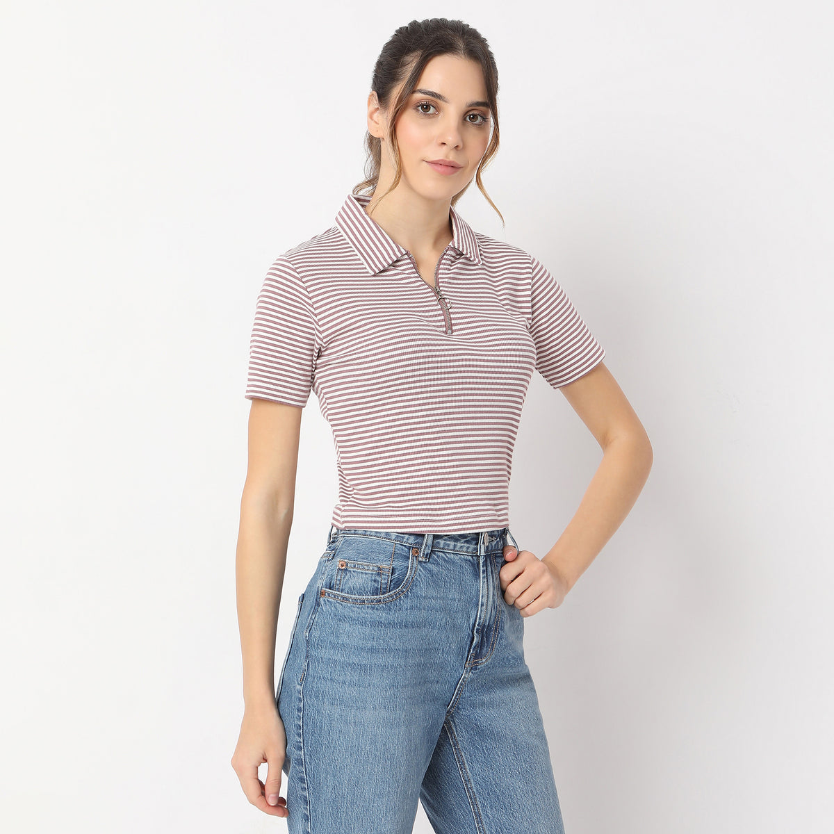 Striped Polo T-Shirt With Mock Neck Zipper