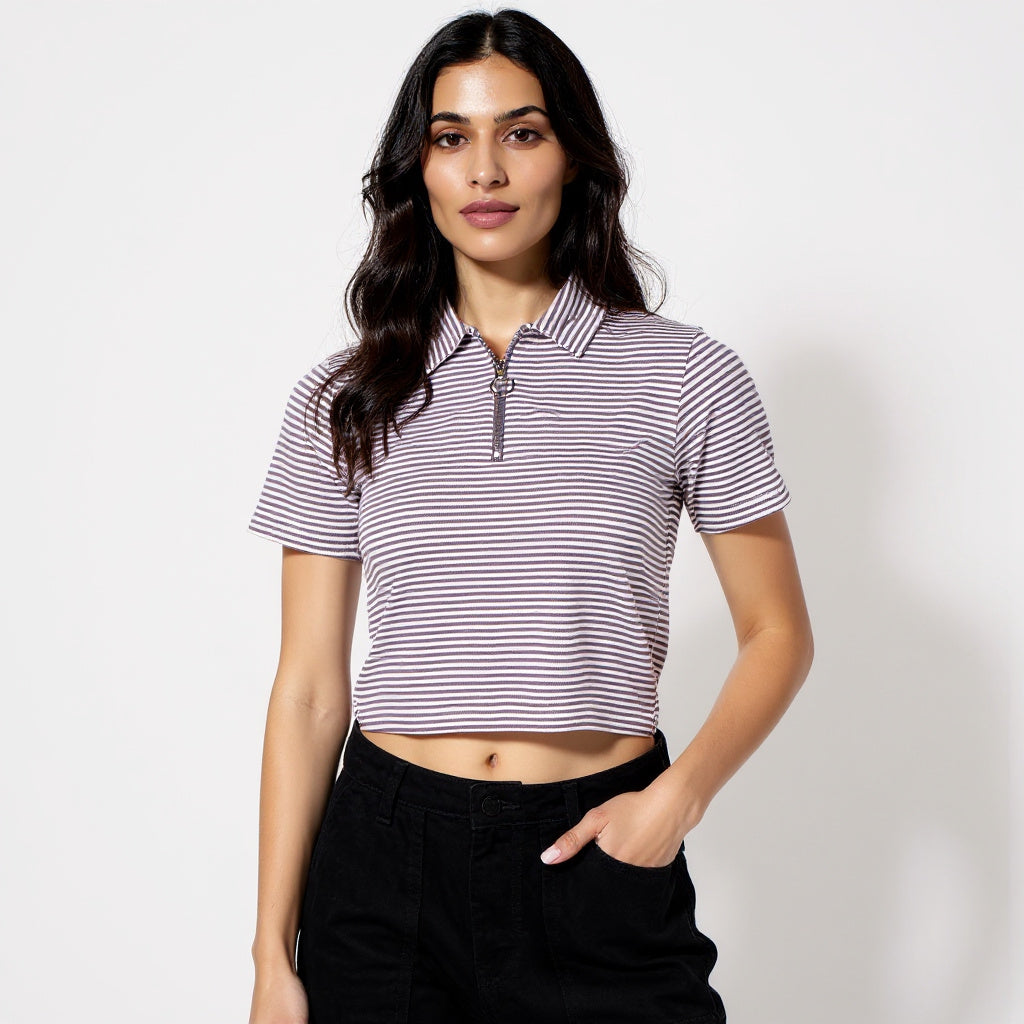 Striped Polo T-Shirt With Mock Neck Zipper