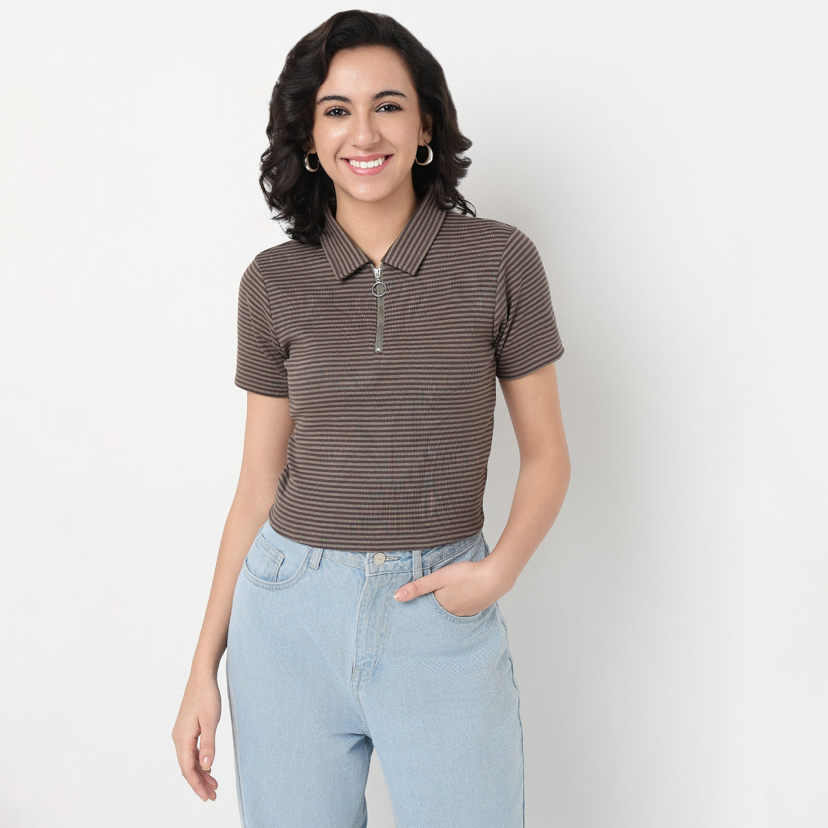 Striped Polo T-Shirt With Mock Neck Zipper