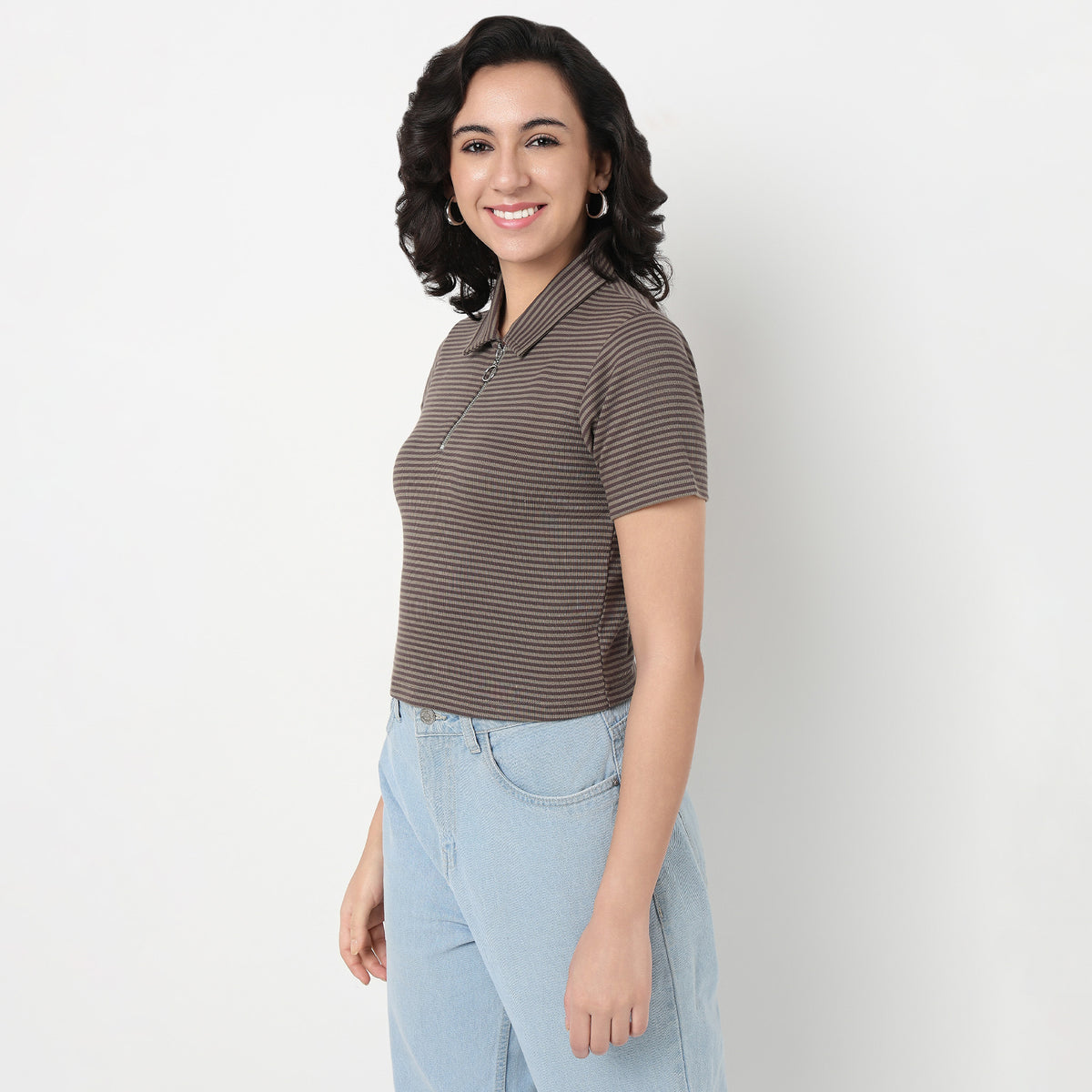 Striped Polo T-Shirt With Mock Neck Zipper