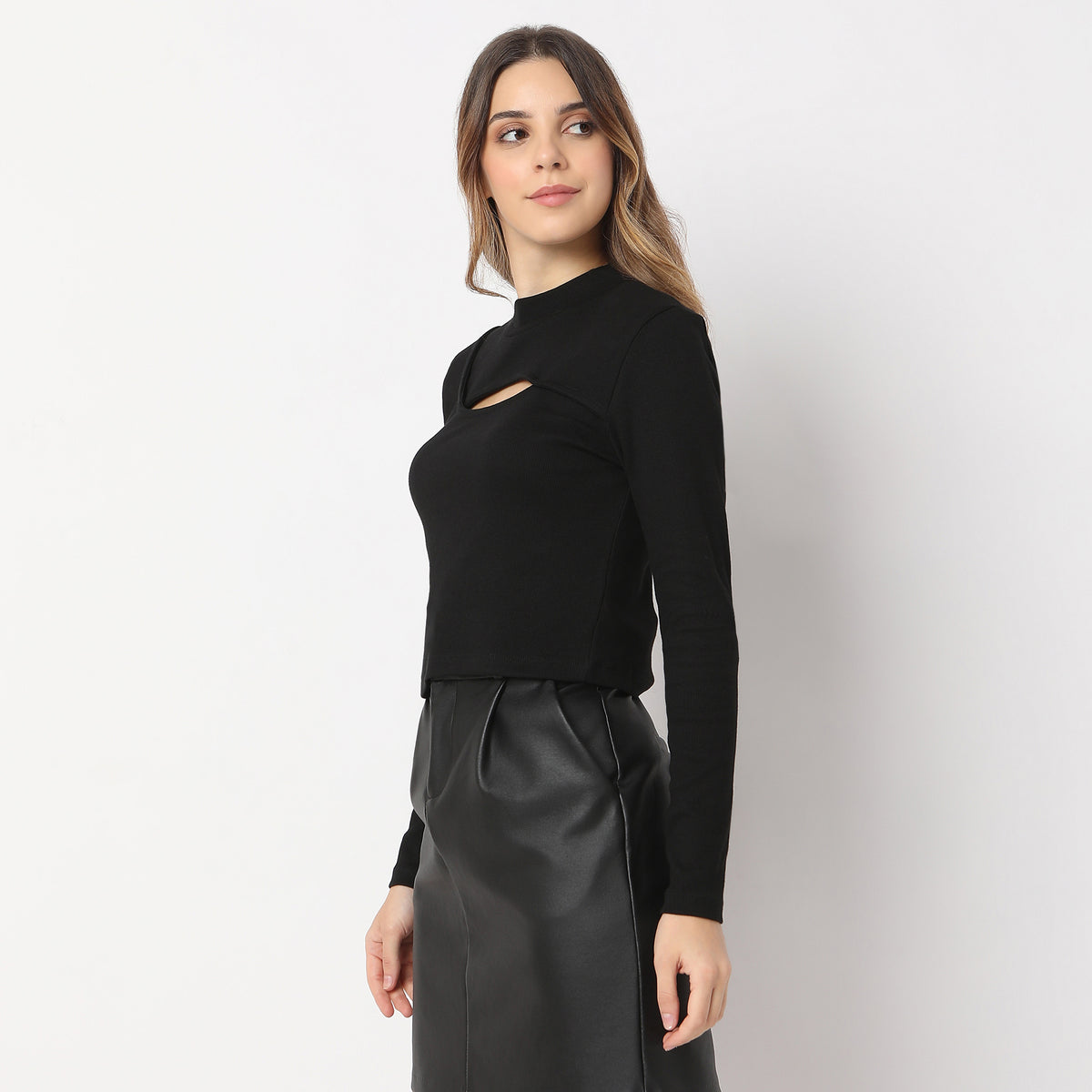 Slim Fit Cropped Mock Neck with Cut Work on Neck T-Shirt