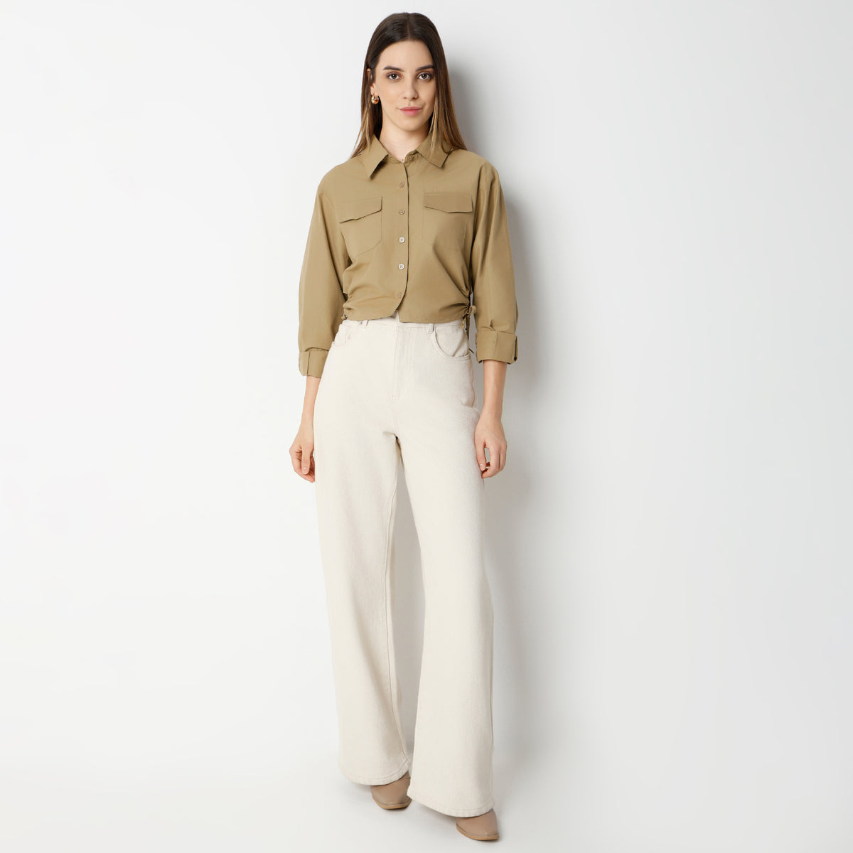 Regular Fit Solid Cropped Shirt
