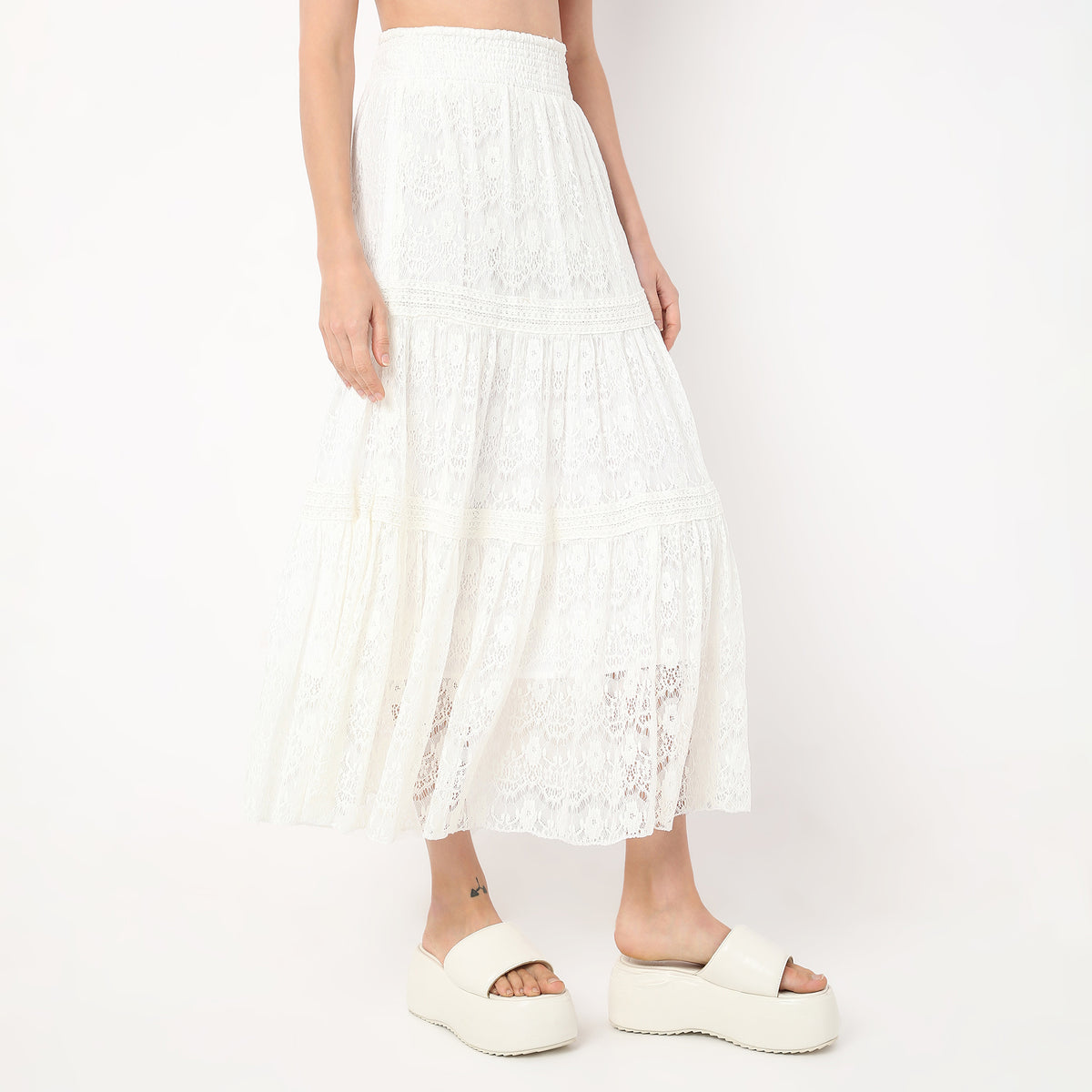 Flare Fit Calf Length High Rise Tiered Long Skirt Made with Comfortable Fabric