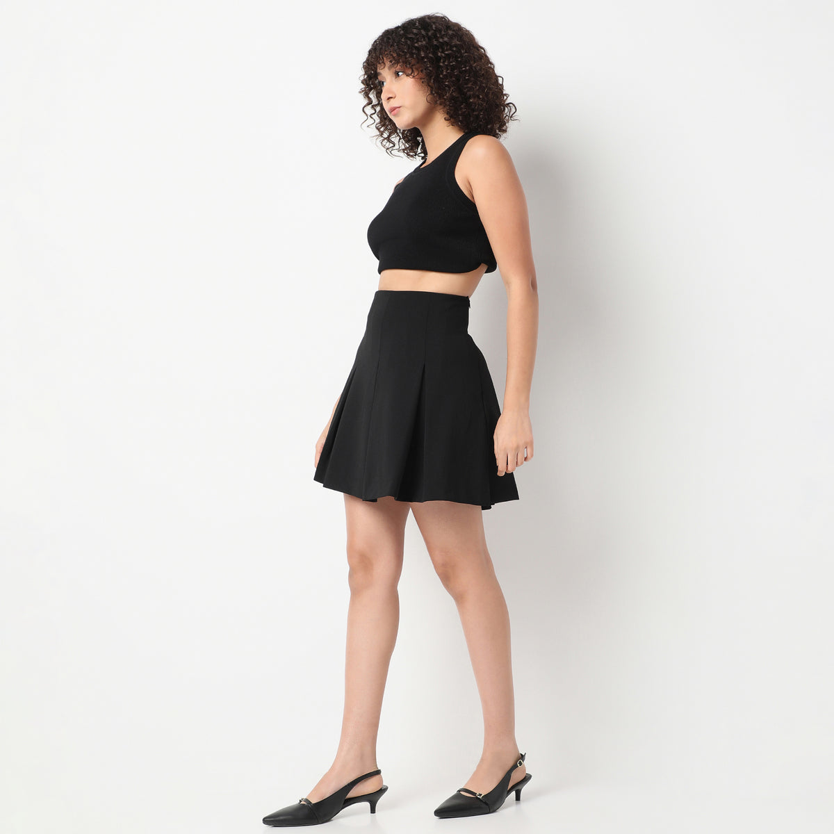 Above Knee High Rise Pleated Flared Skirt