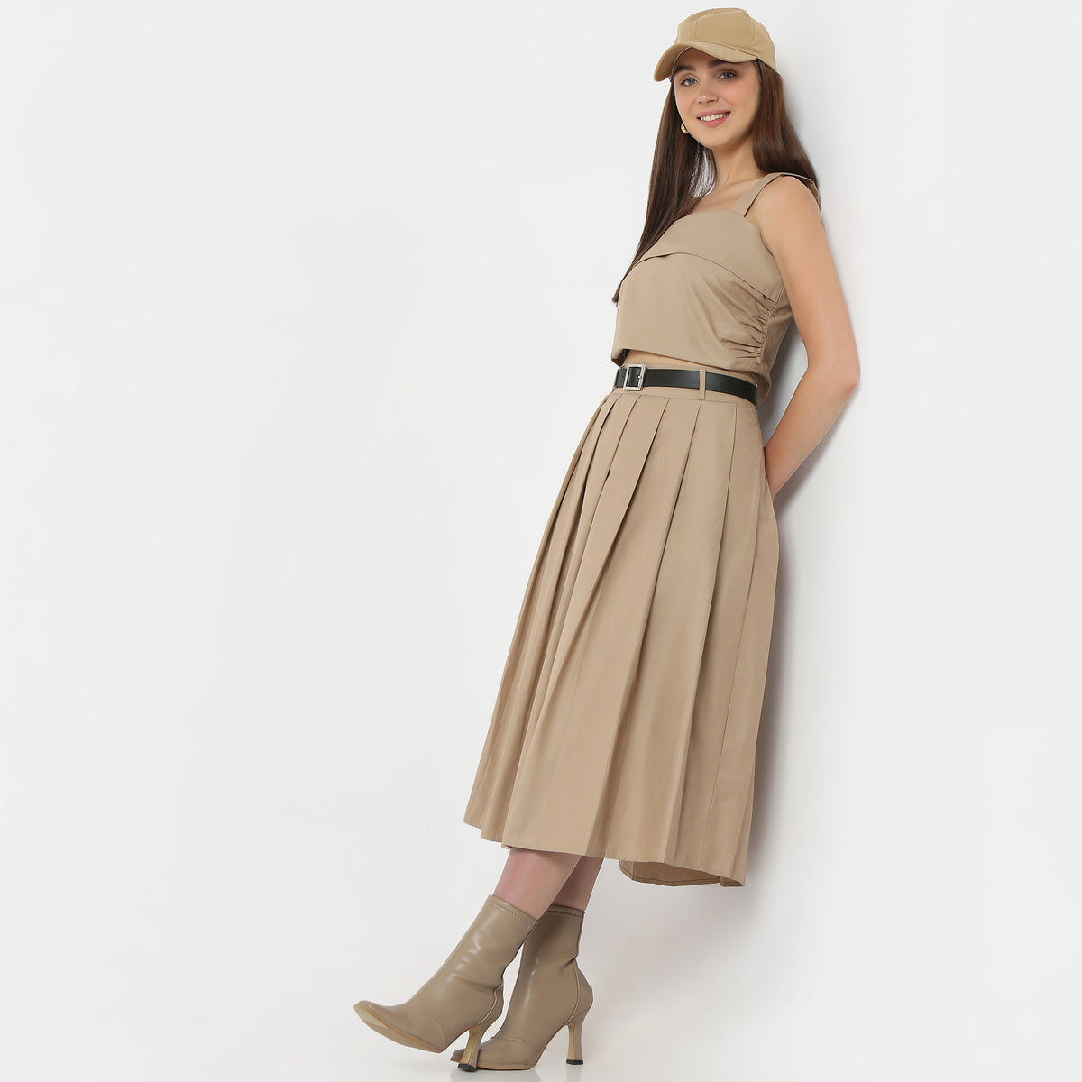 Flare Fit Pleats Calf Length High Rise Skirt