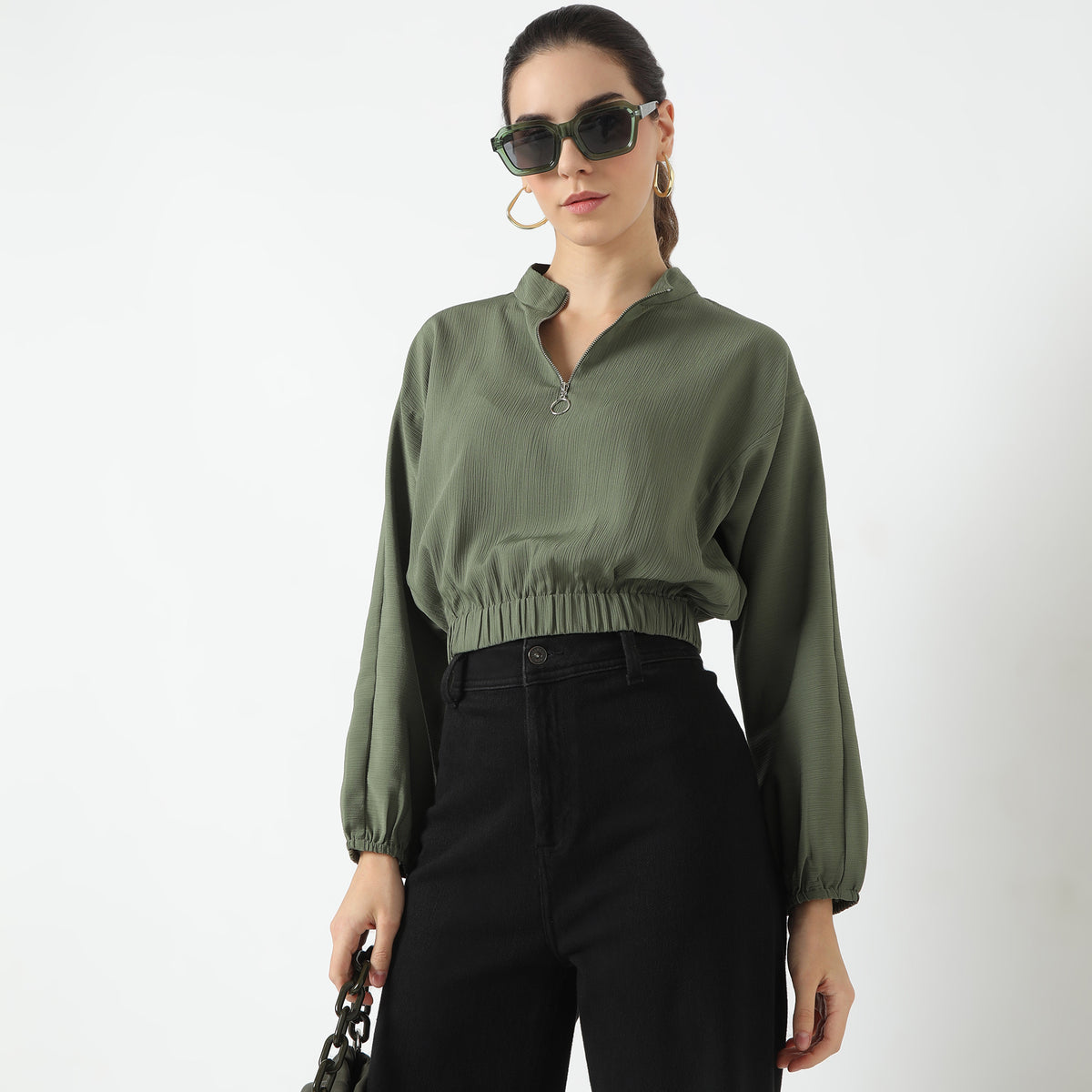 Regular Fit Solid Band Collar Top