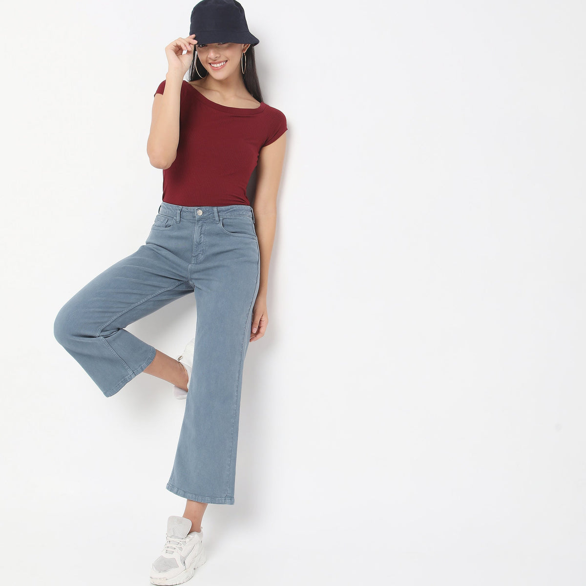 Women Wearing Flare Fit Solid High Rise Jean