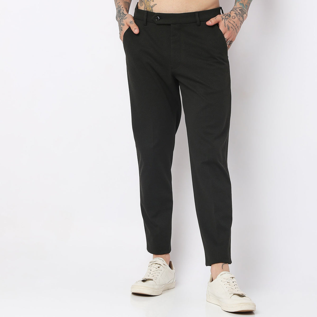 Slim Fit Solid Mid Rise Trousers