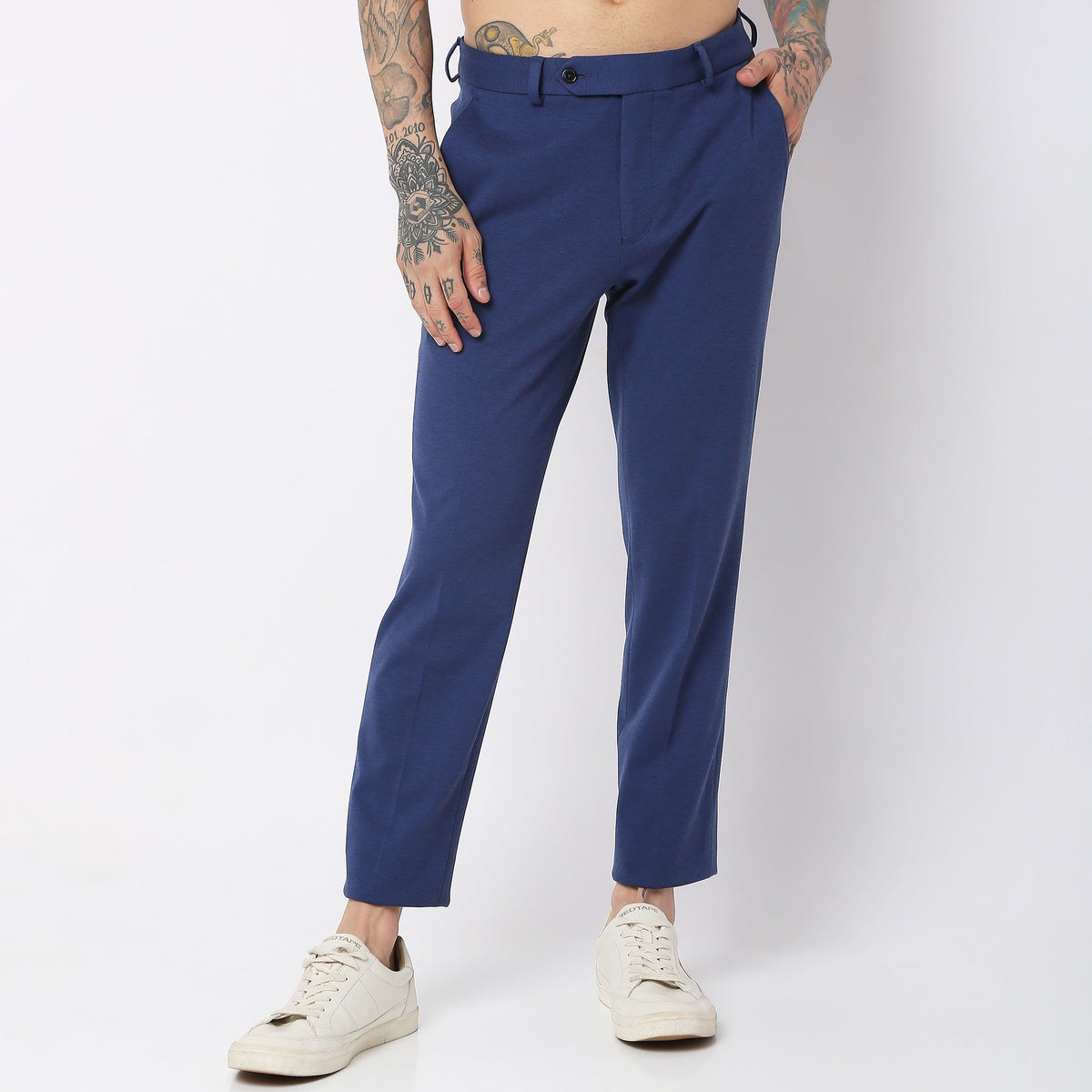 Slim Fit Solid Mid Rise Trousers