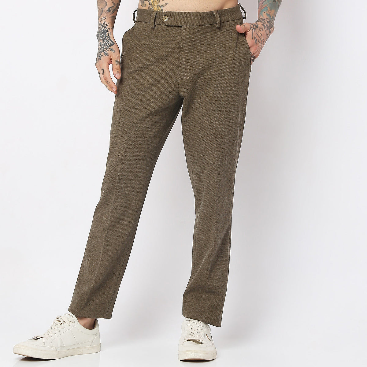 Slim Fit Solid Mid Rise Trousers