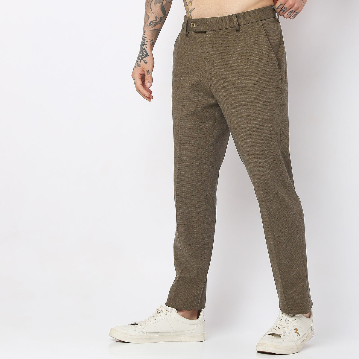 Slim Fit Solid Mid Rise Trousers