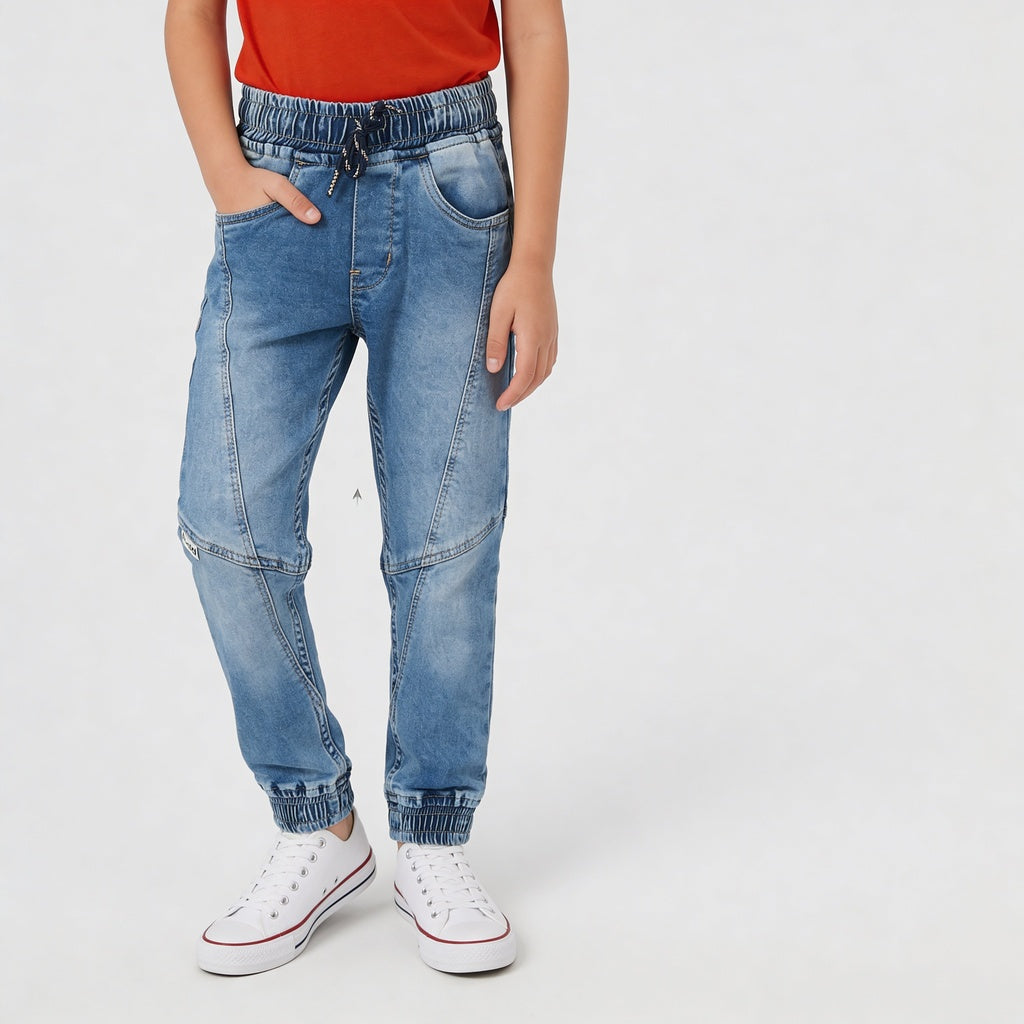Boys Havily Washed Denim Jogger With Cut and Sew Details
