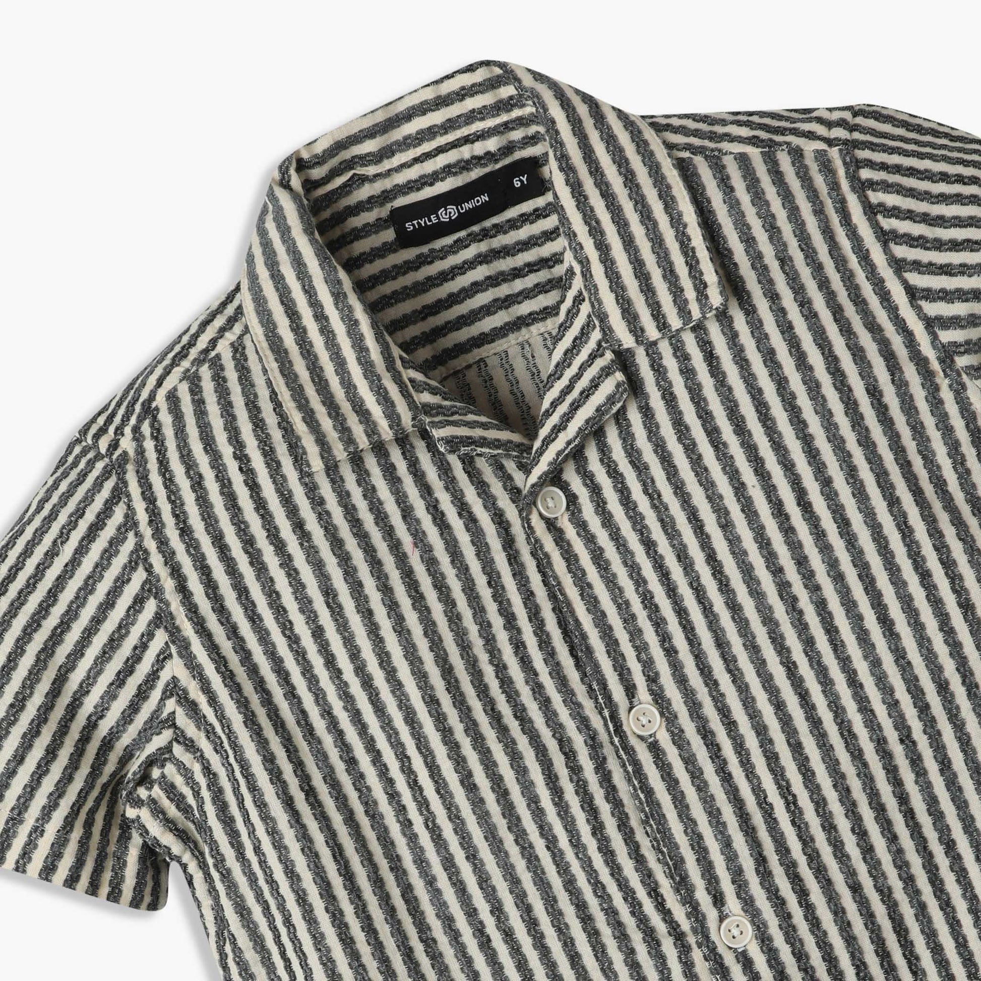 Boys Regular Fit Striped Camp Collar Shirt