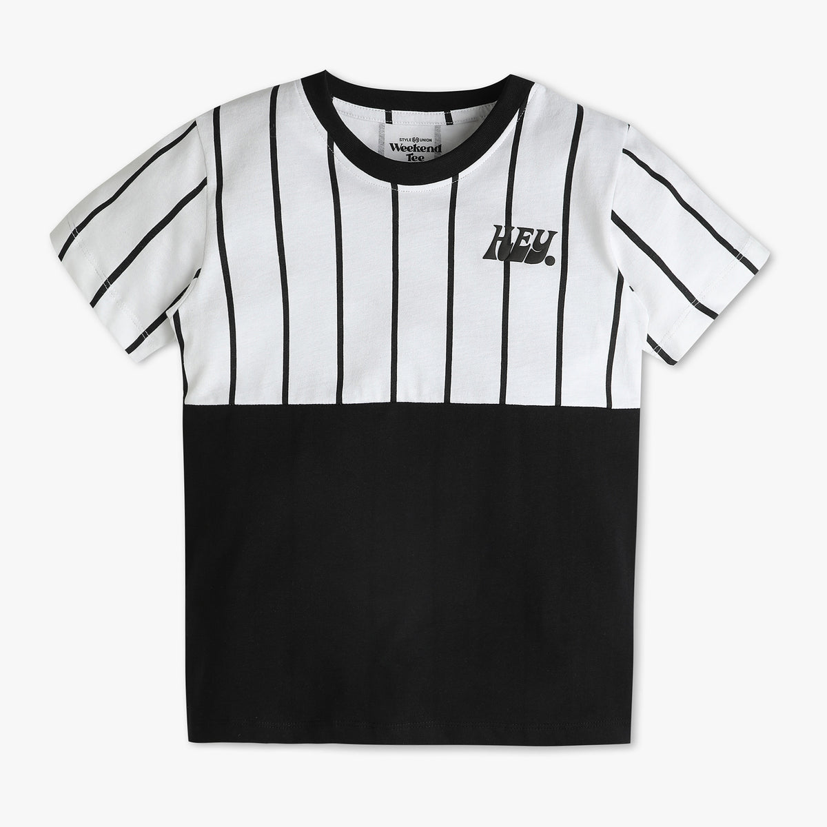 Boys Vertical Stripes Crew Neck Hey Print T-Shirt