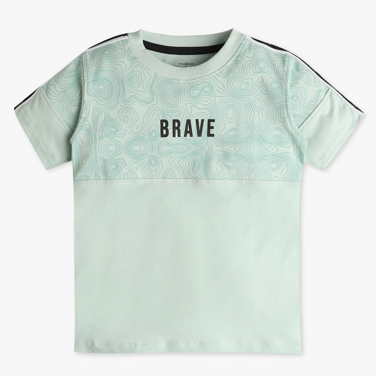 Boys Oversize Cut and Sew Crew Neck Brave Print T-Shirt