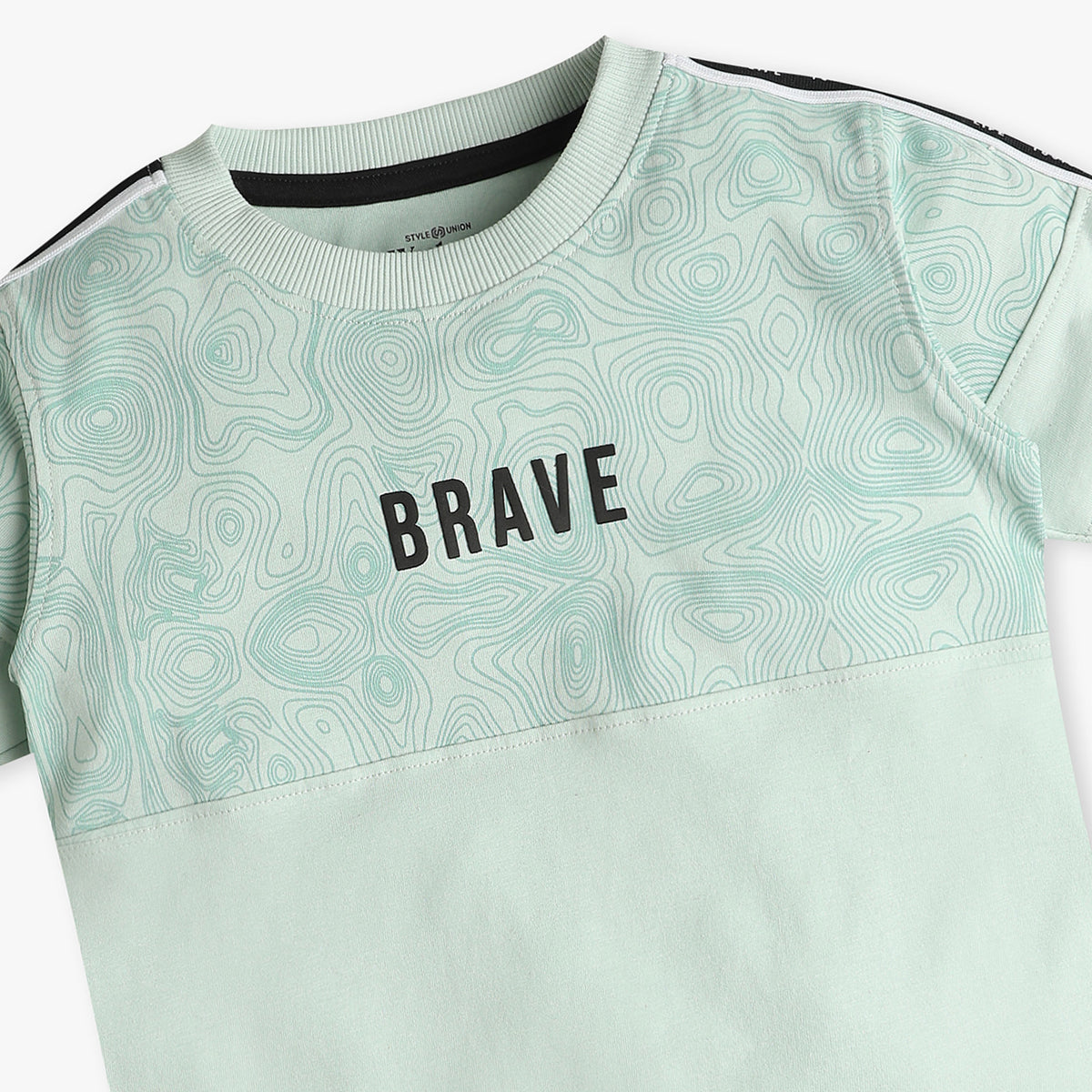 Boys Oversize Cut and Sew Crew Neck Brave Print T-Shirt