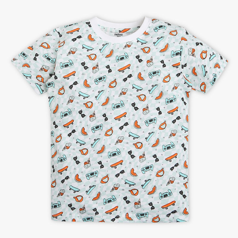 Boys Regular Fit All Over Print Crew Neck Full Sleeve T-Shirt with Trackpant Sleepwear Set