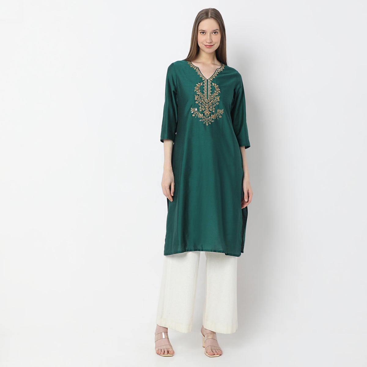 Embroidered Below Knee V-Neck Straight Fit Table Kurta