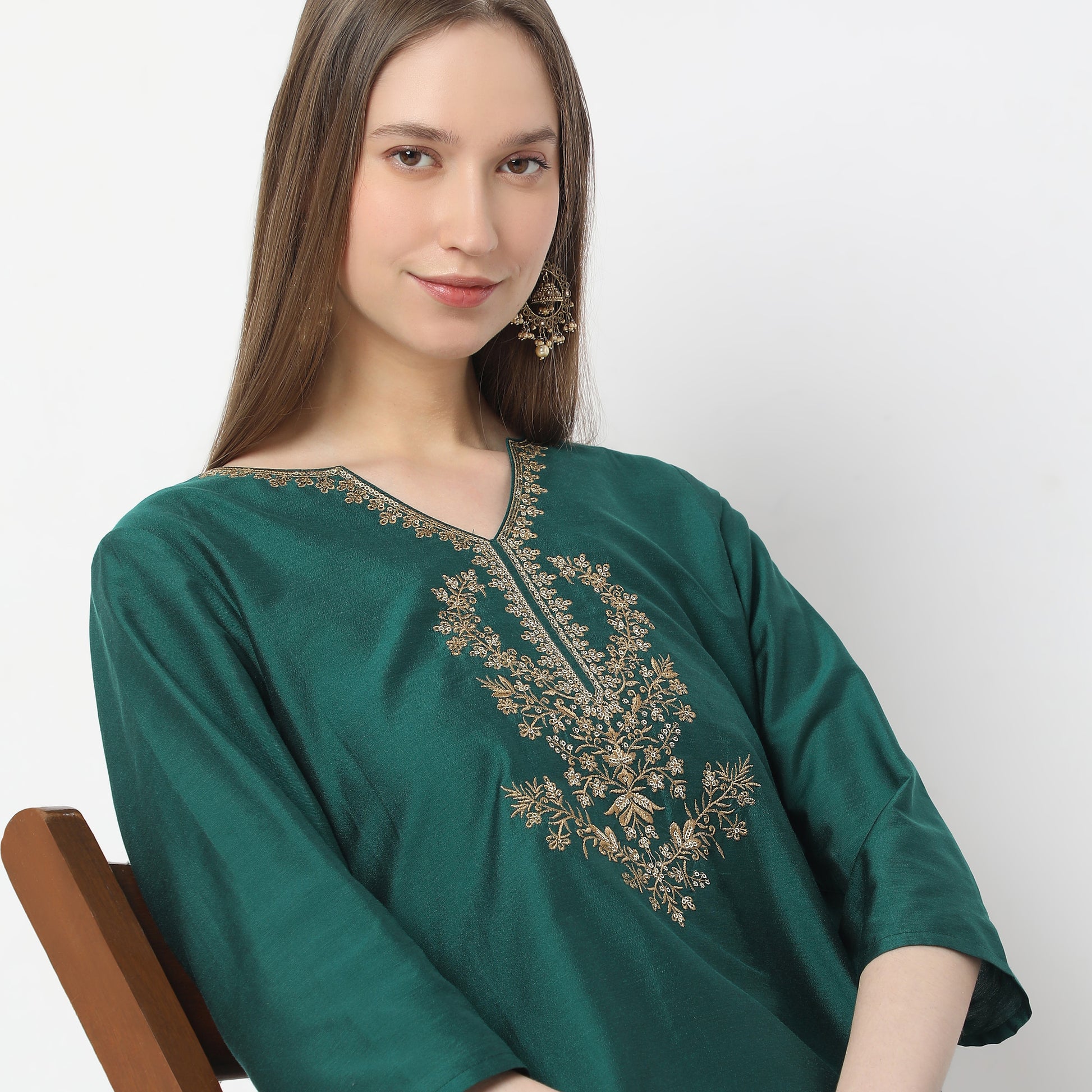 Embroidered Below Knee V-Neck Straight Fit Table Kurta