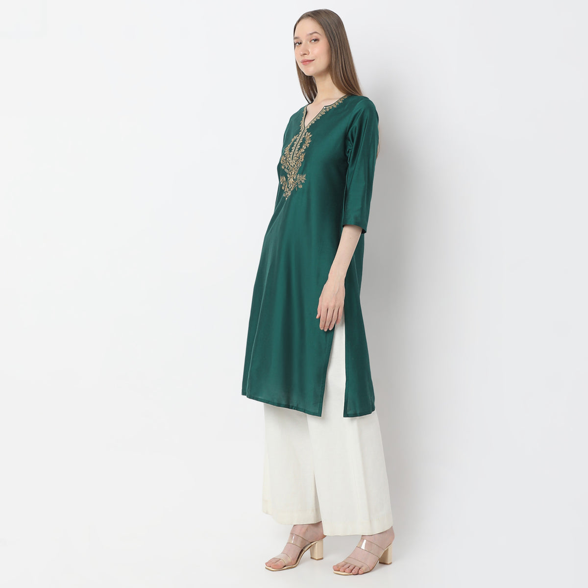 Embroidered Below Knee V-Neck Straight Fit Table Kurta