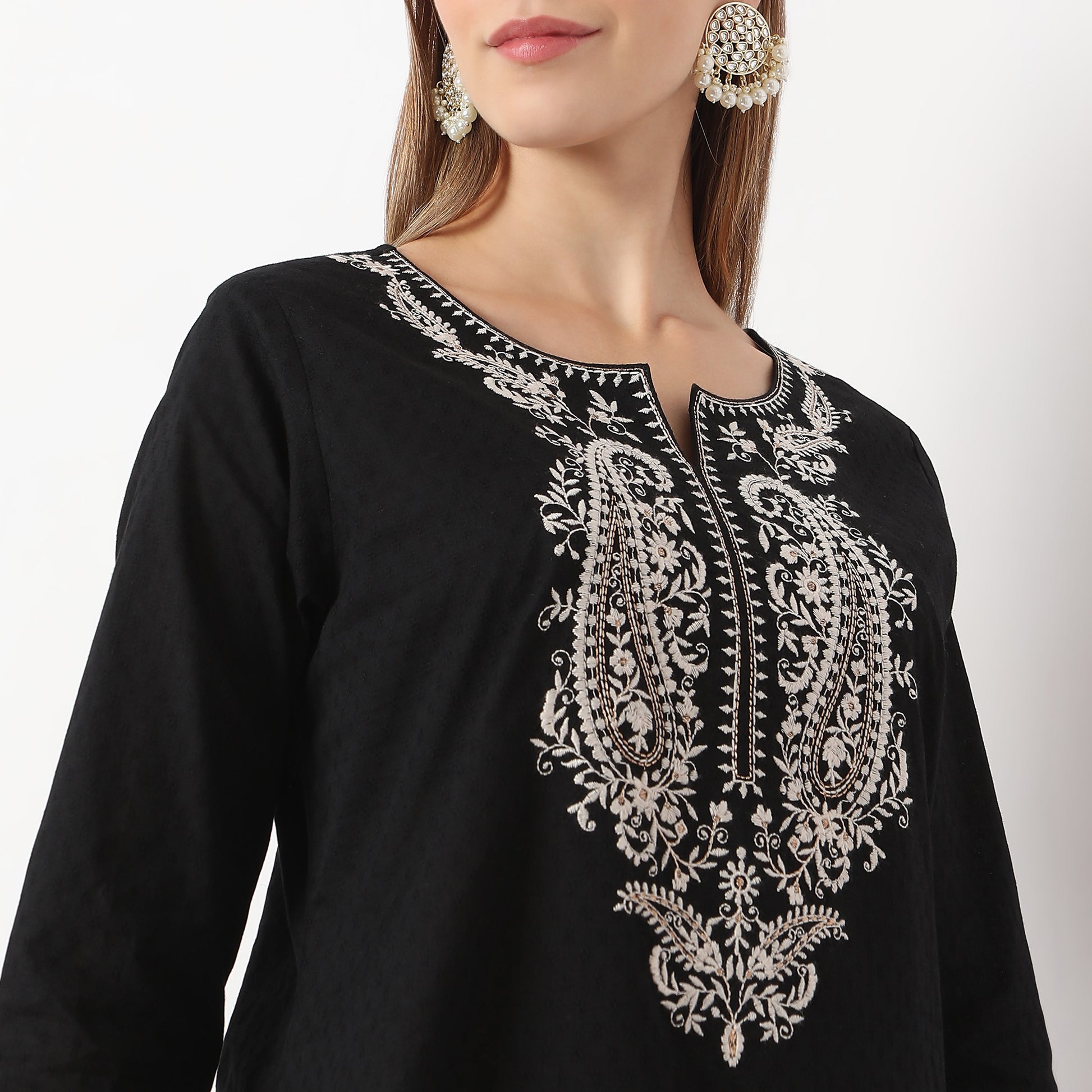 Embroidered Below Knee Length Straight Table Kurta