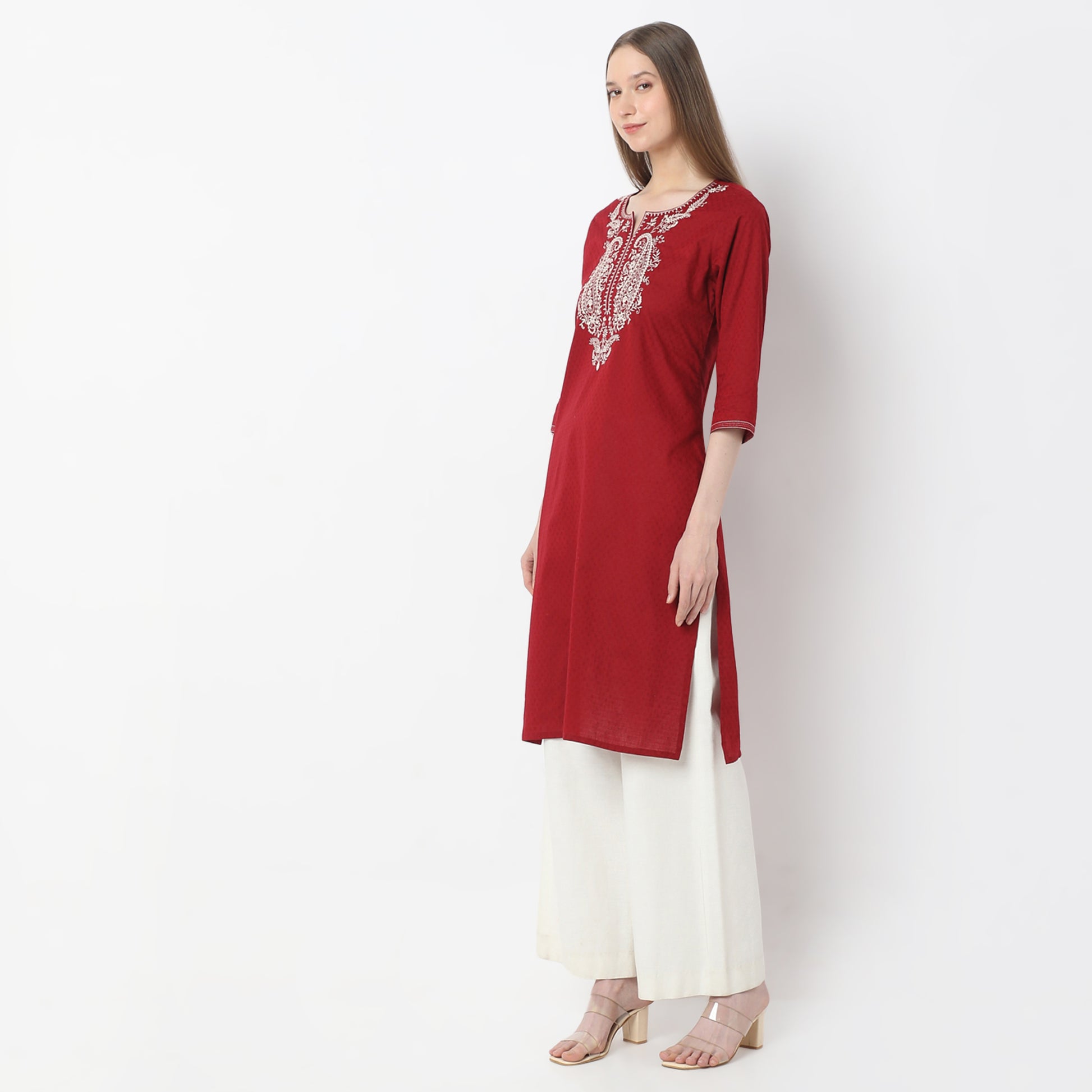 Embroidered Below Knee Length Straight Table Kurta