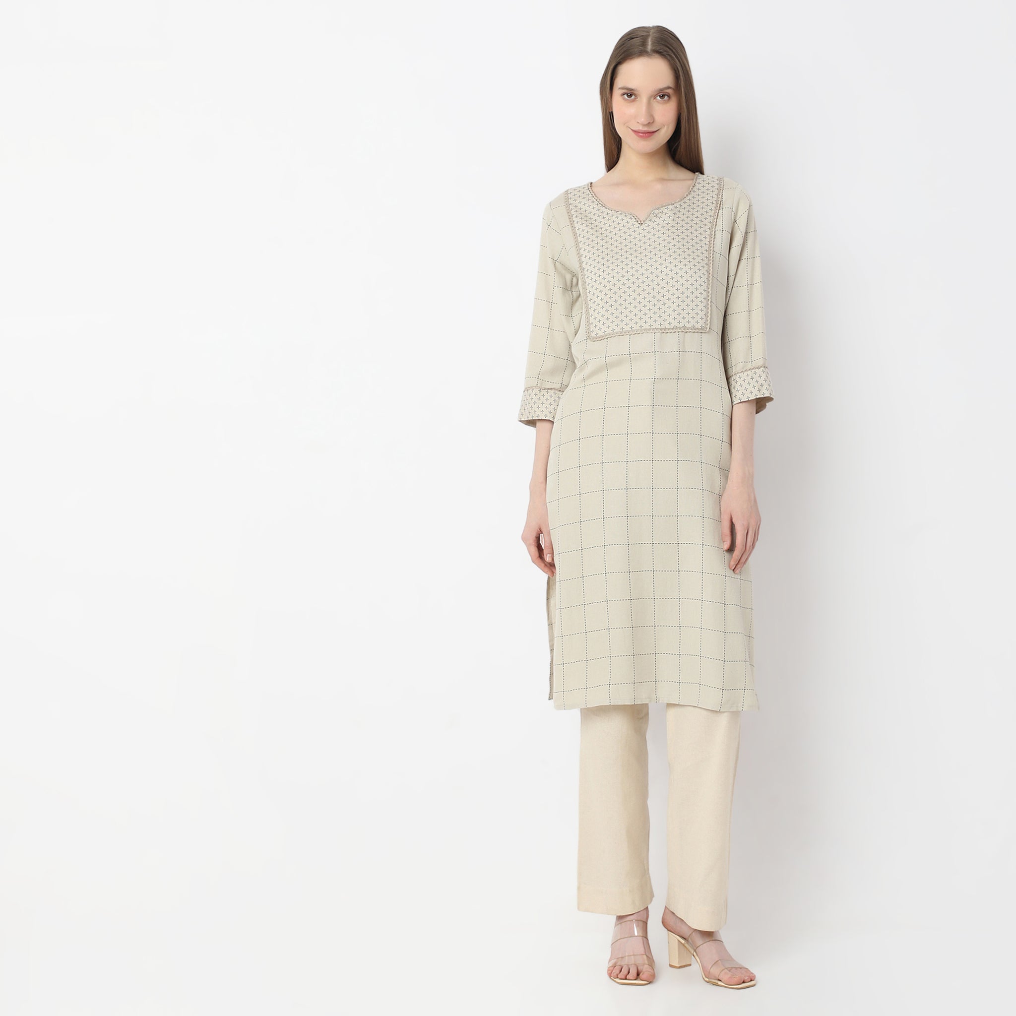 Floral Knee Length Printed Yoke Straight Fit Table Kurta