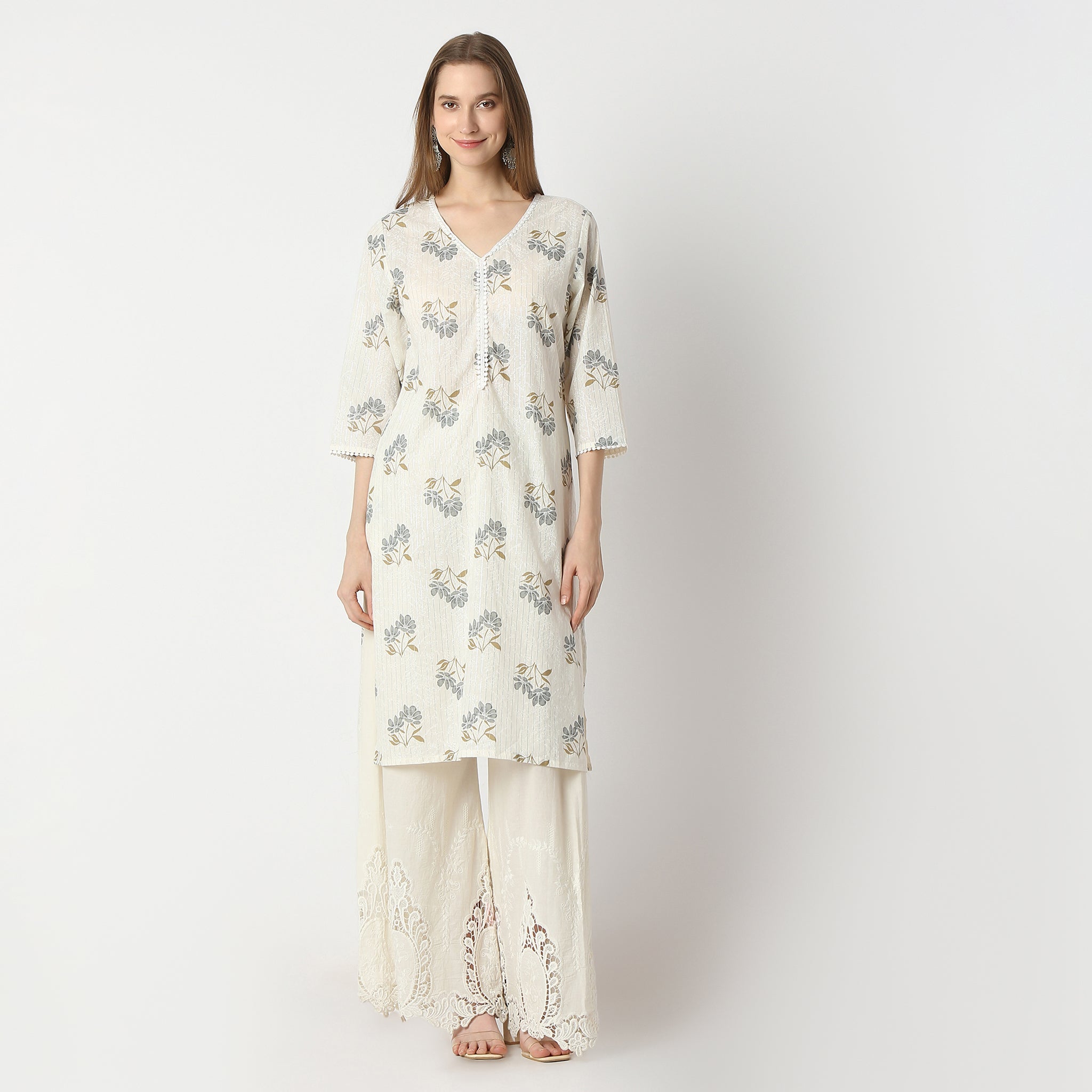 Straight Fit Floral Knee Length Kurta