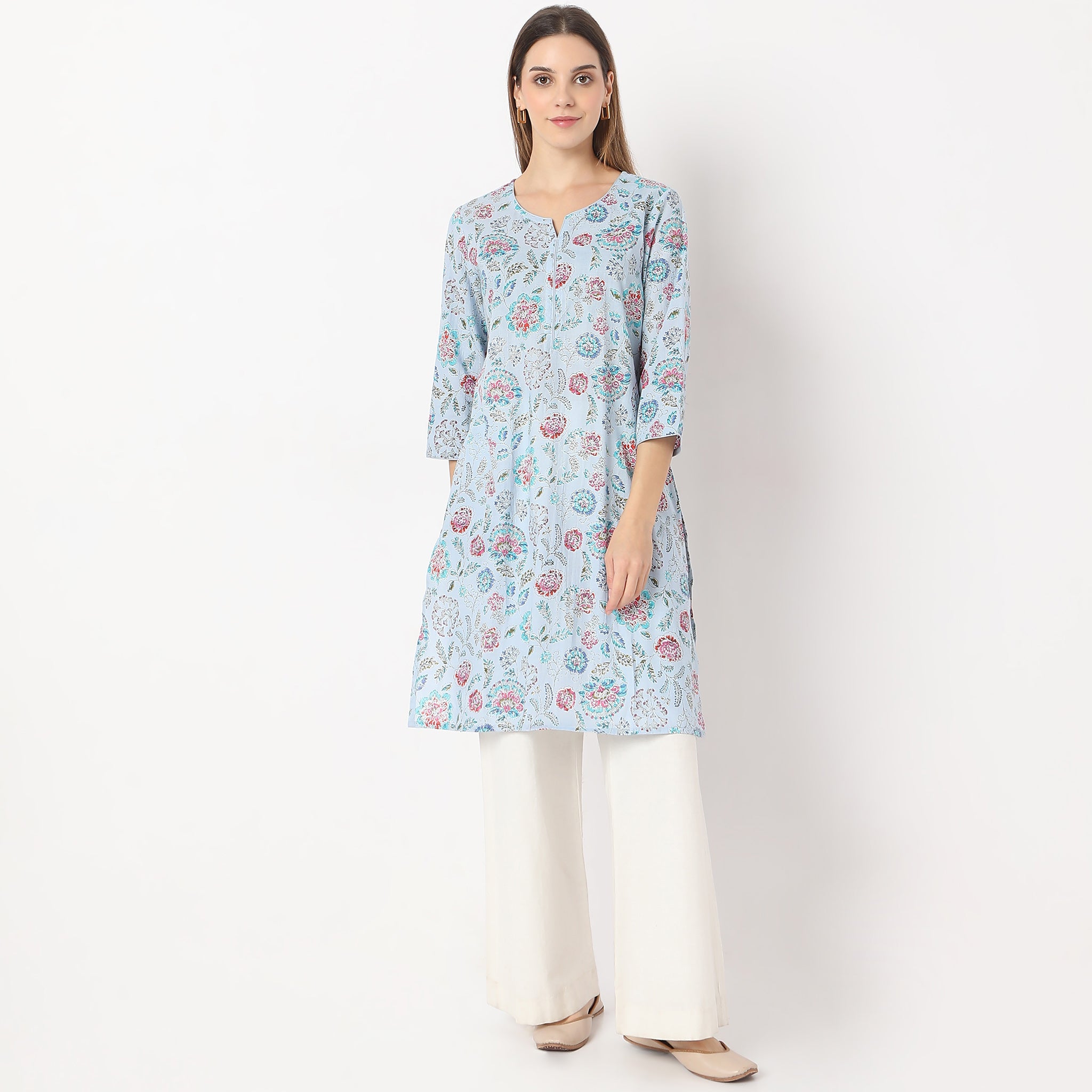 Straight Fit Floral Knee Length Band Collar Table Kurta