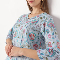 Straight Fit Floral Knee Length Band Collar Table Kurta