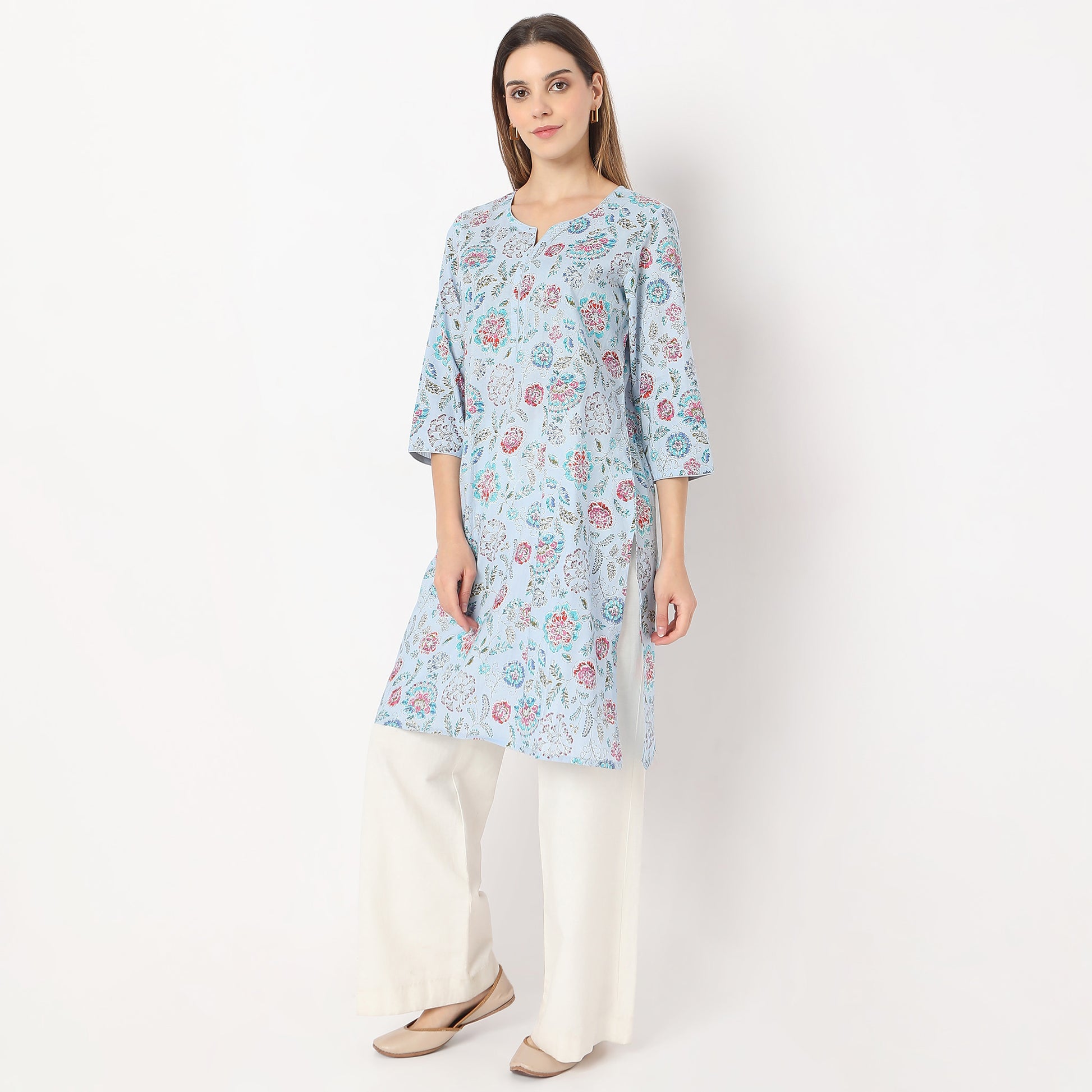Straight Fit Floral Knee Length Band Collar Table Kurta