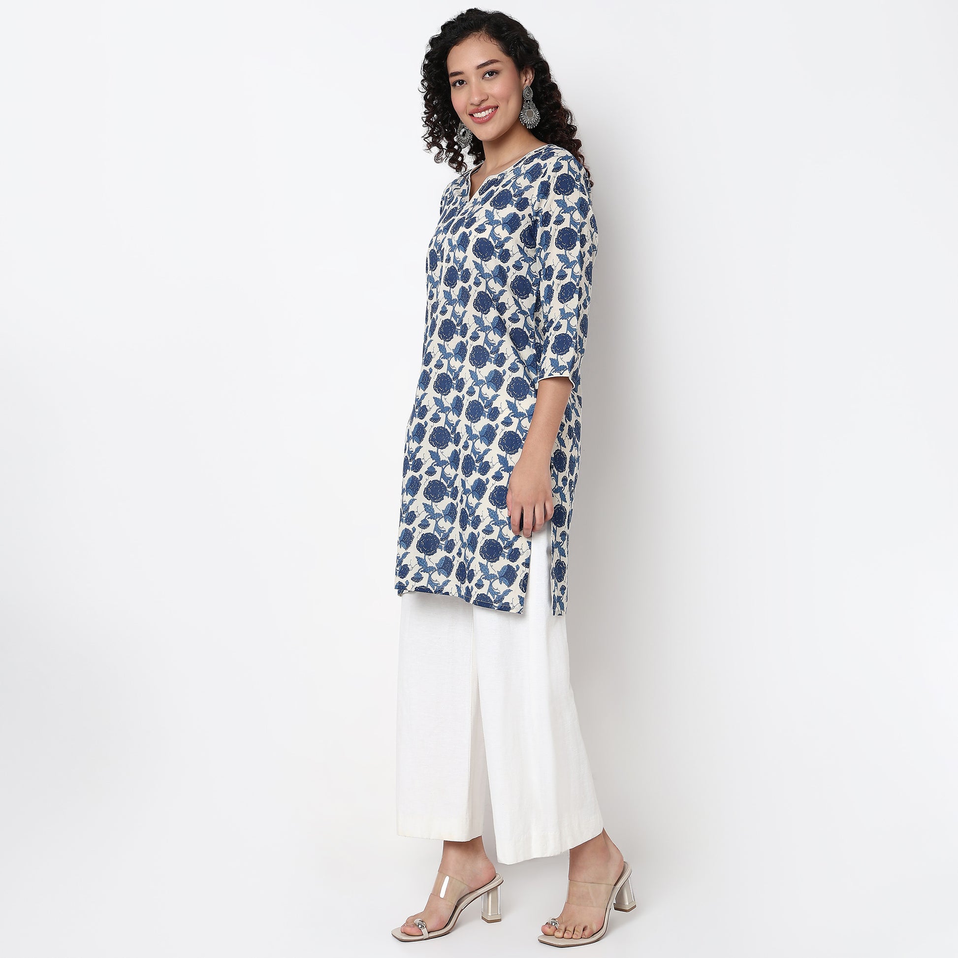 Floral Print Knee Length Straight Kurta
