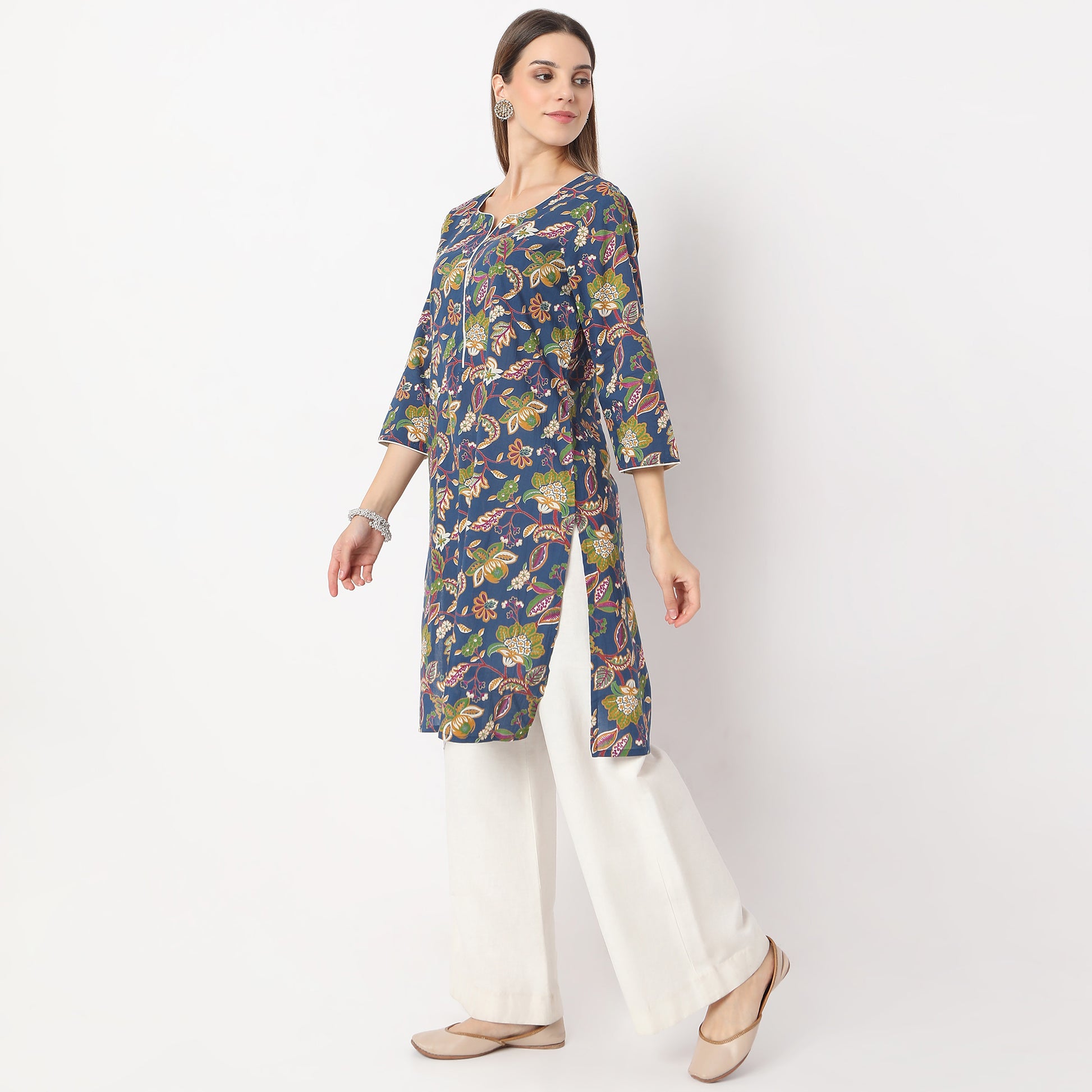 Straight Fit Floral Knee Length Band Collar Table Kurta