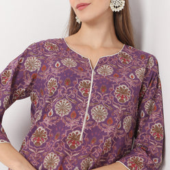 Straight Fit Floral Knee Length Band Collar Table Kurta