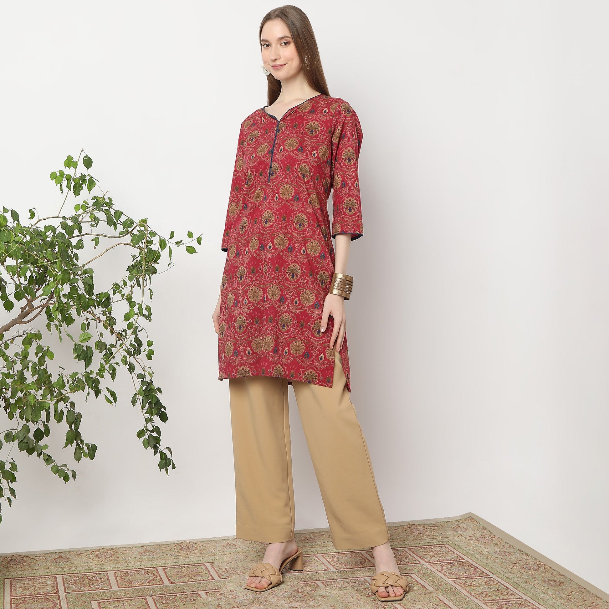 Straight Fit Floral Knee Length Band Collar Table Kurta