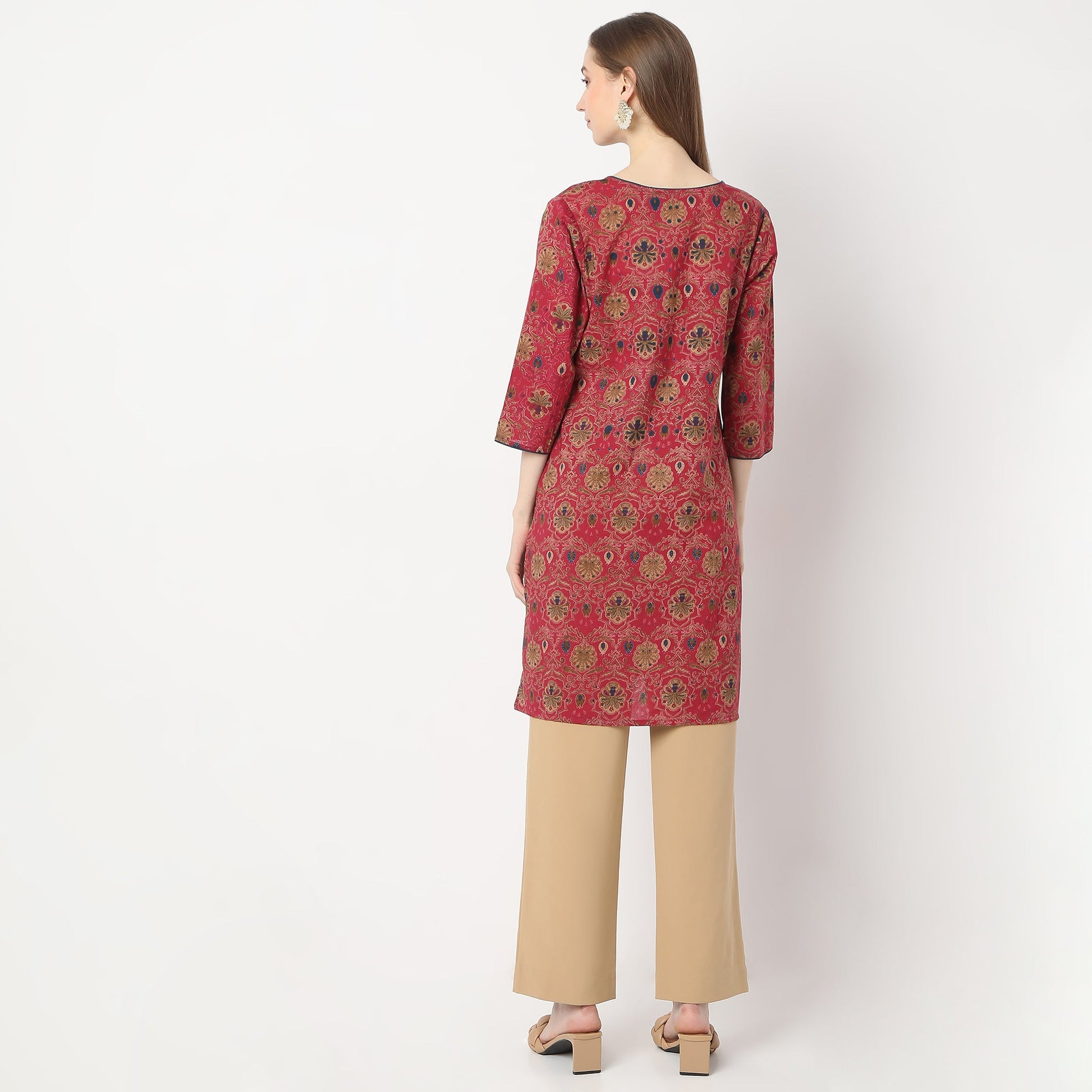 Straight Fit Floral Knee Length Band Collar Table Kurta
