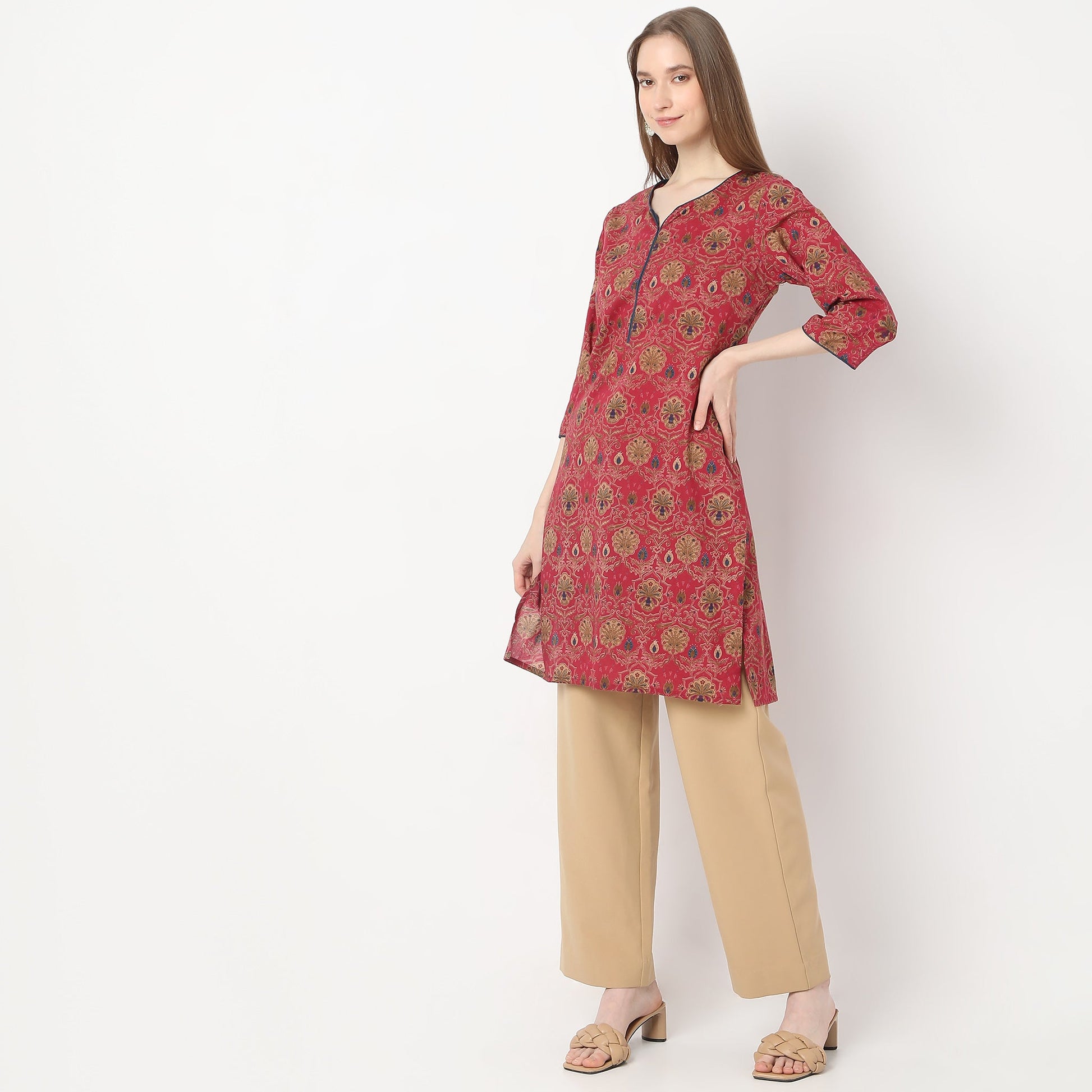 Straight Fit Floral Knee Length Band Collar Table Kurta